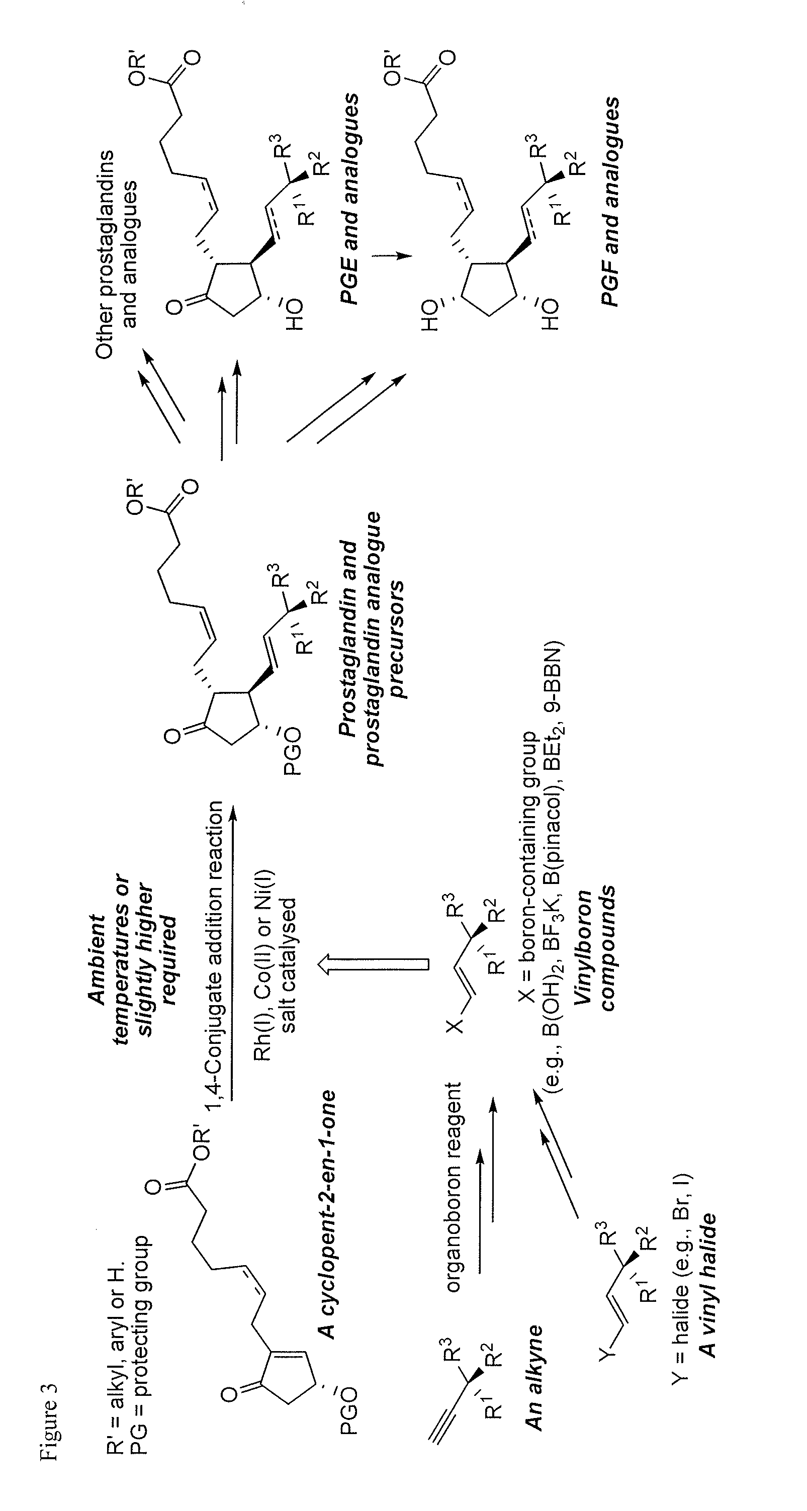 Metal-catalyzed asymmetric 1,4-conjugate addition of vinylboron compounds to 2-substituted-4-oxy-cyclopent-2-en-1-ones yielding prostaglandins and prostaglandin analogs