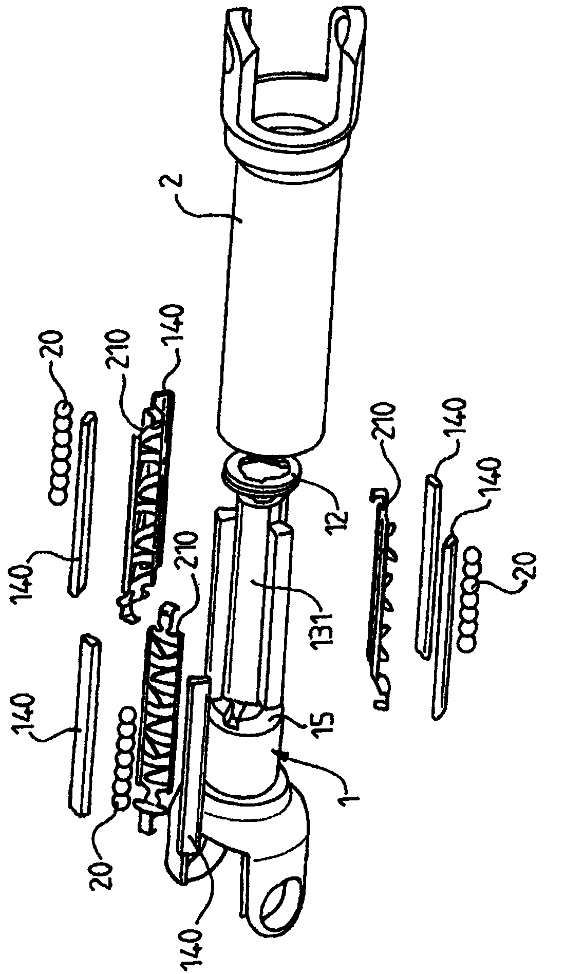 Spherical hinged connection device for two sliding shafts