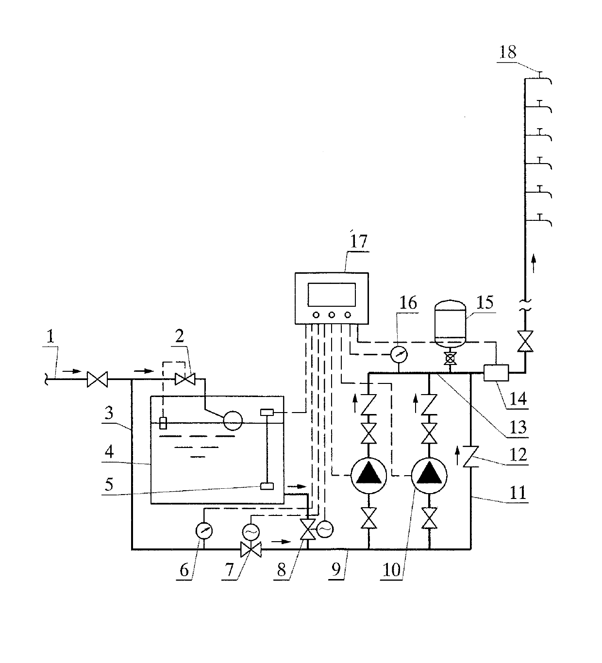 Water tank adjustment and storage variable voltage transformation pipe network pressure-superposed water supply device