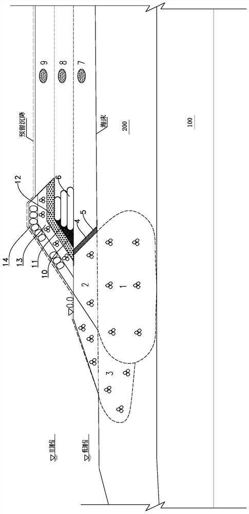 Sea artificial island structure and construction method suitable for silt foundation