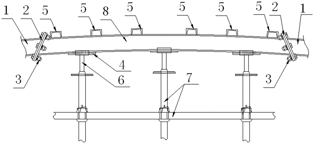 Steel arc distributive girder structure of rod type bracket for cast-in-place arch bridge and construction method