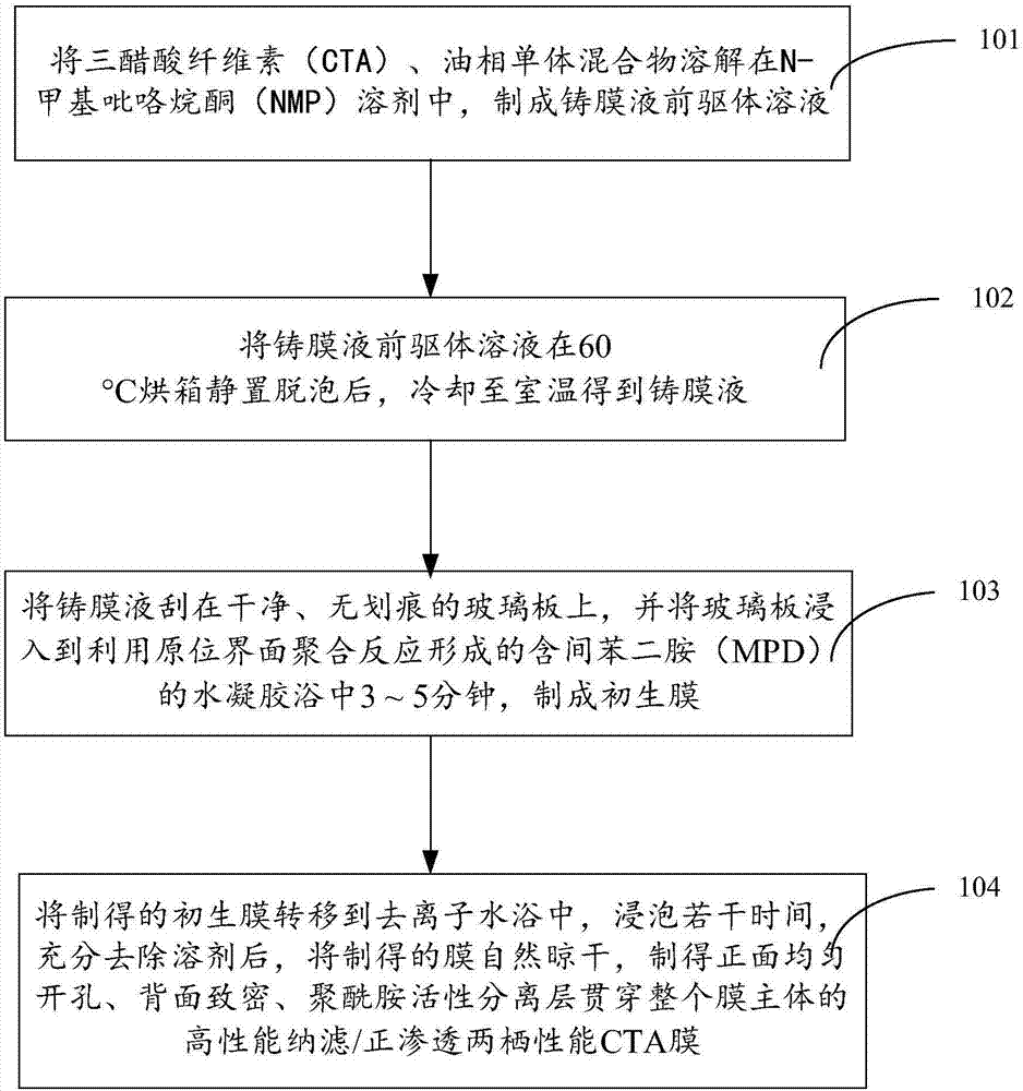 Method for preparing nanofiltration/forward osmosis amphibious performance CTA membrane and apparatus thereof