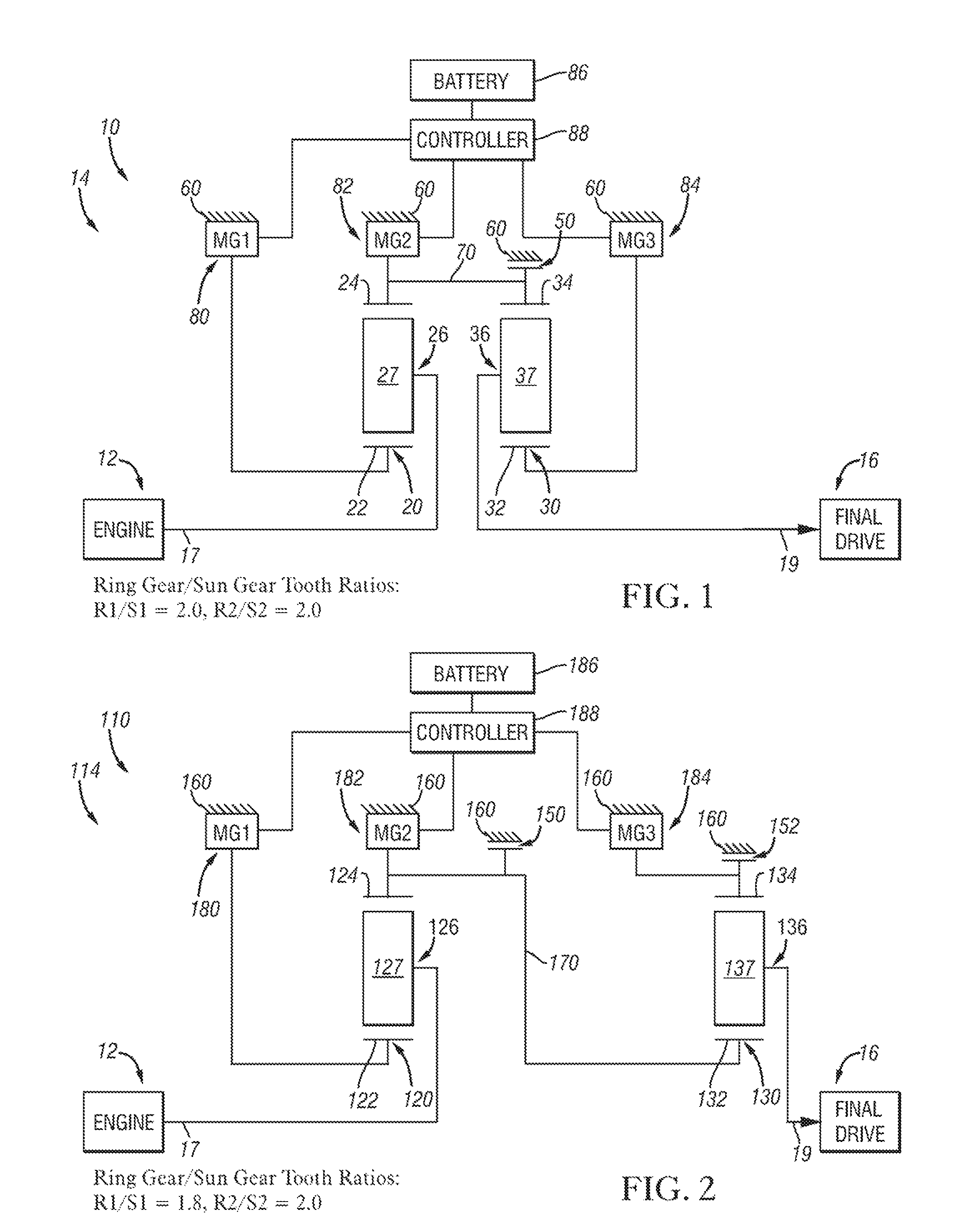 Hybrid architecture incorporating three motor generators and brakes