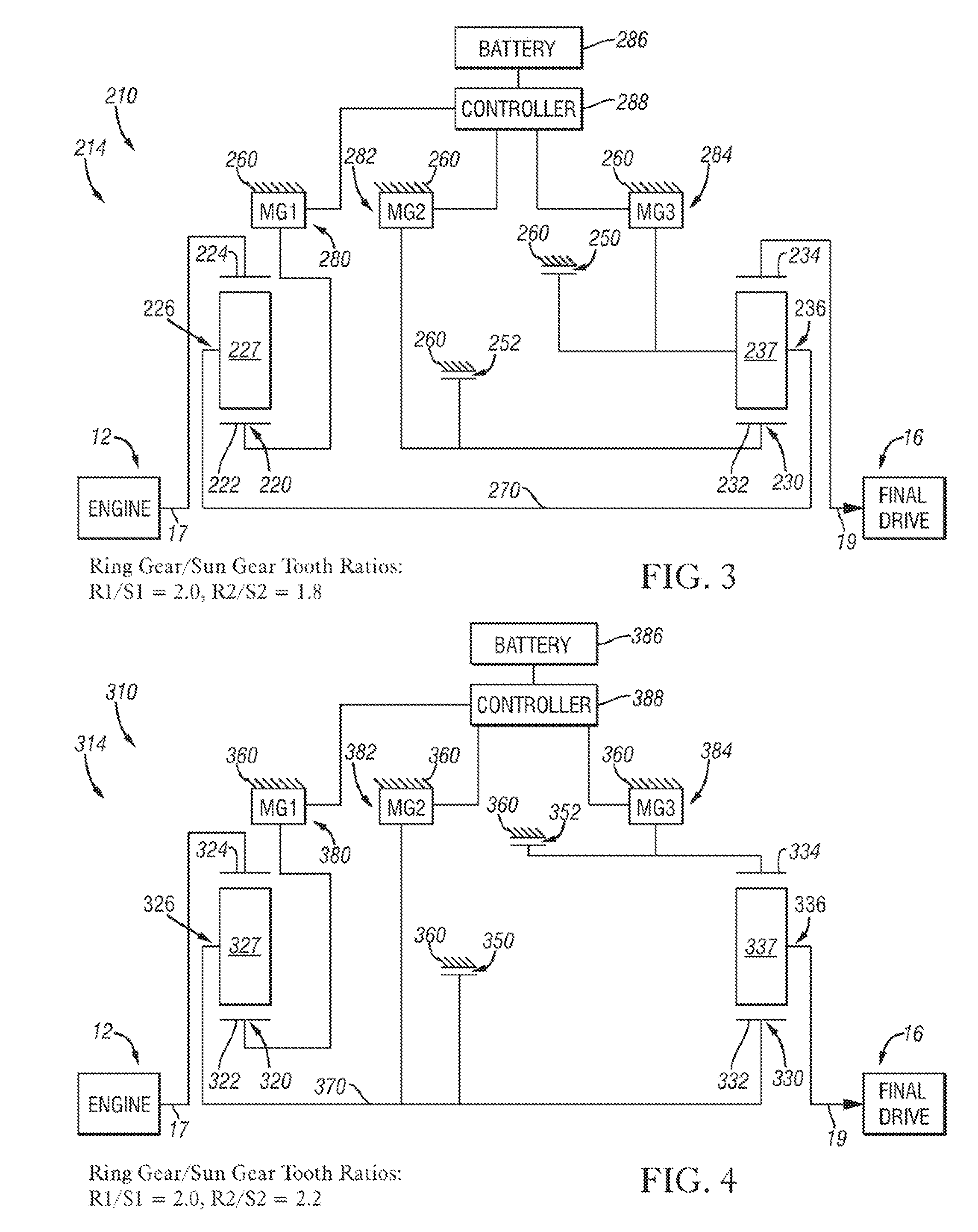 Hybrid architecture incorporating three motor generators and brakes