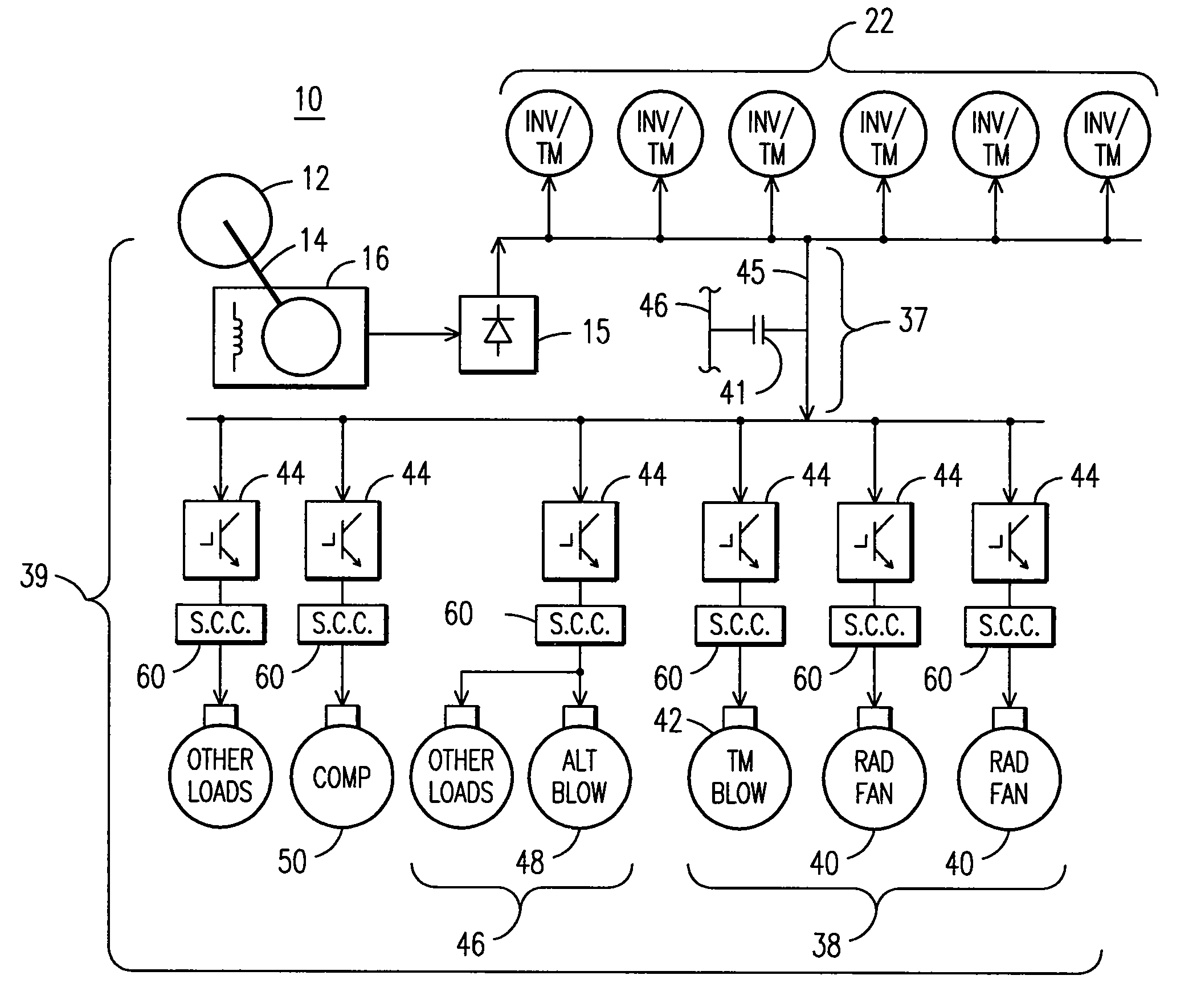 Power system and method for driving an electromotive traction system and auxiliary equipment through a common power bus