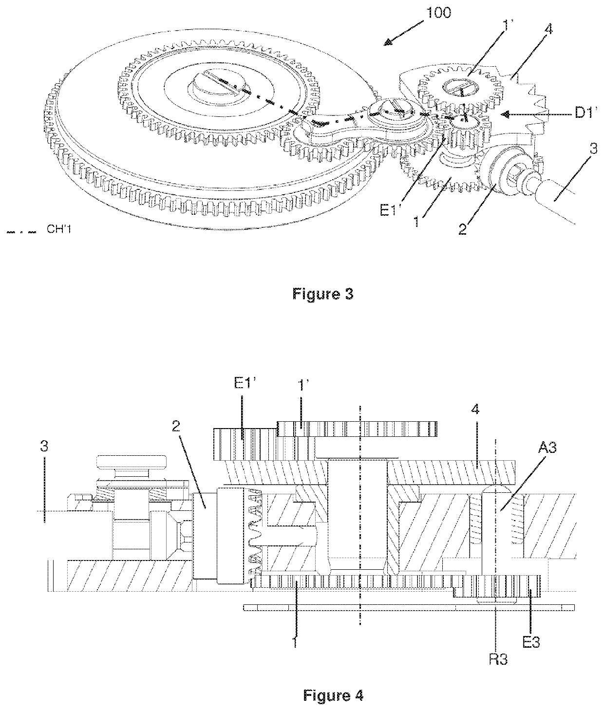 Mechanism for rewinding and/or correcting at least one clock function and device for selecting a clock function