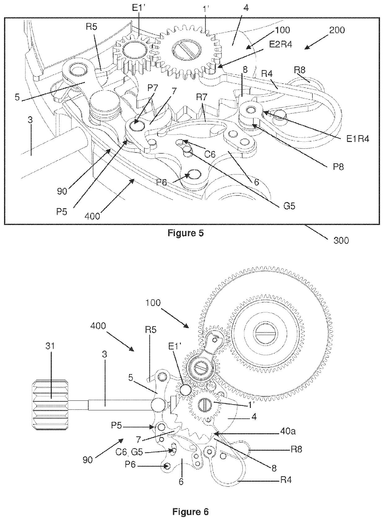 Mechanism for rewinding and/or correcting at least one clock function and device for selecting a clock function