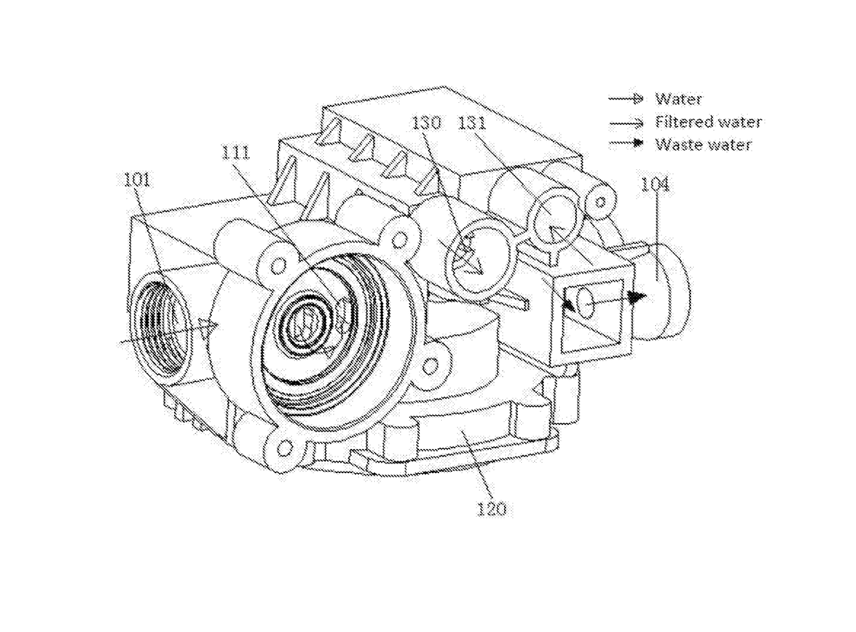 Integrated waterway assembly of a reverse osmosis water filtration device