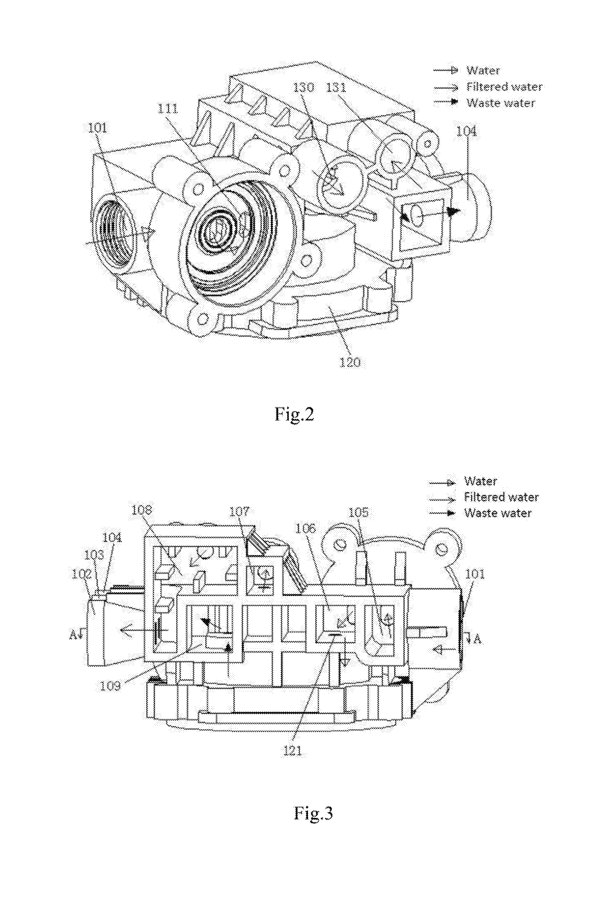 Integrated waterway assembly of a reverse osmosis water filtration device