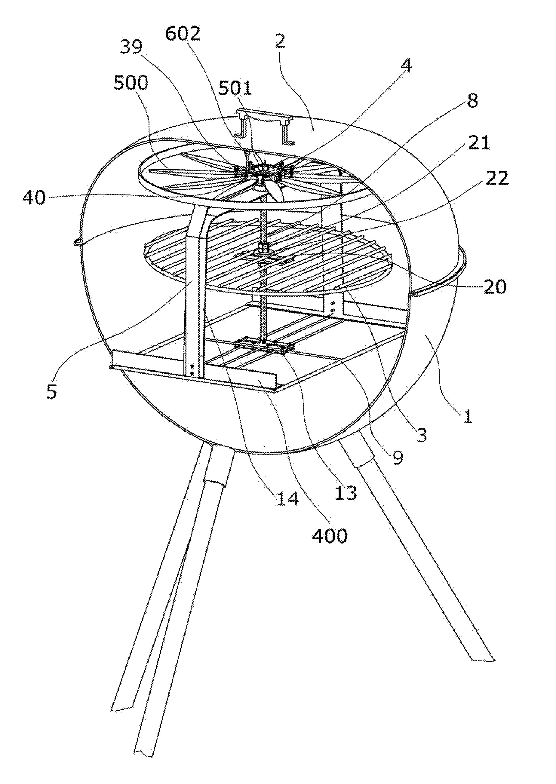 Rotating grill platform with blade tilting mechanism utilizing heat energy generated by the grill source of heat