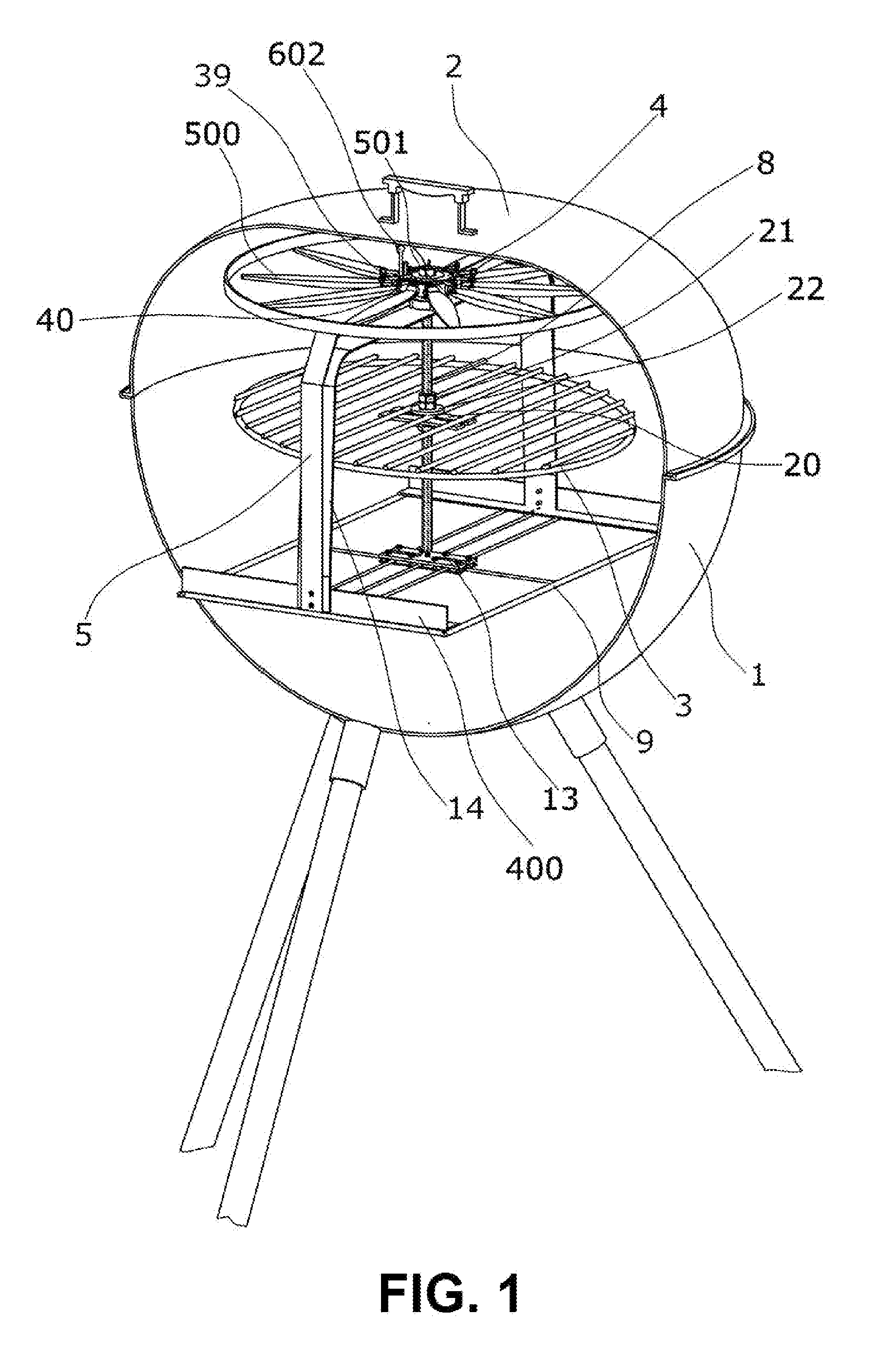 Rotating grill platform with blade tilting mechanism utilizing heat energy generated by the grill source of heat