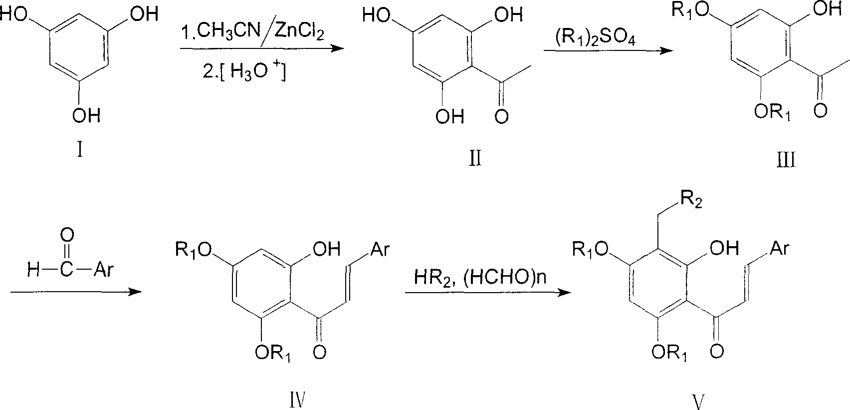 Tetra substituted chalcone derivative and preparing method and use