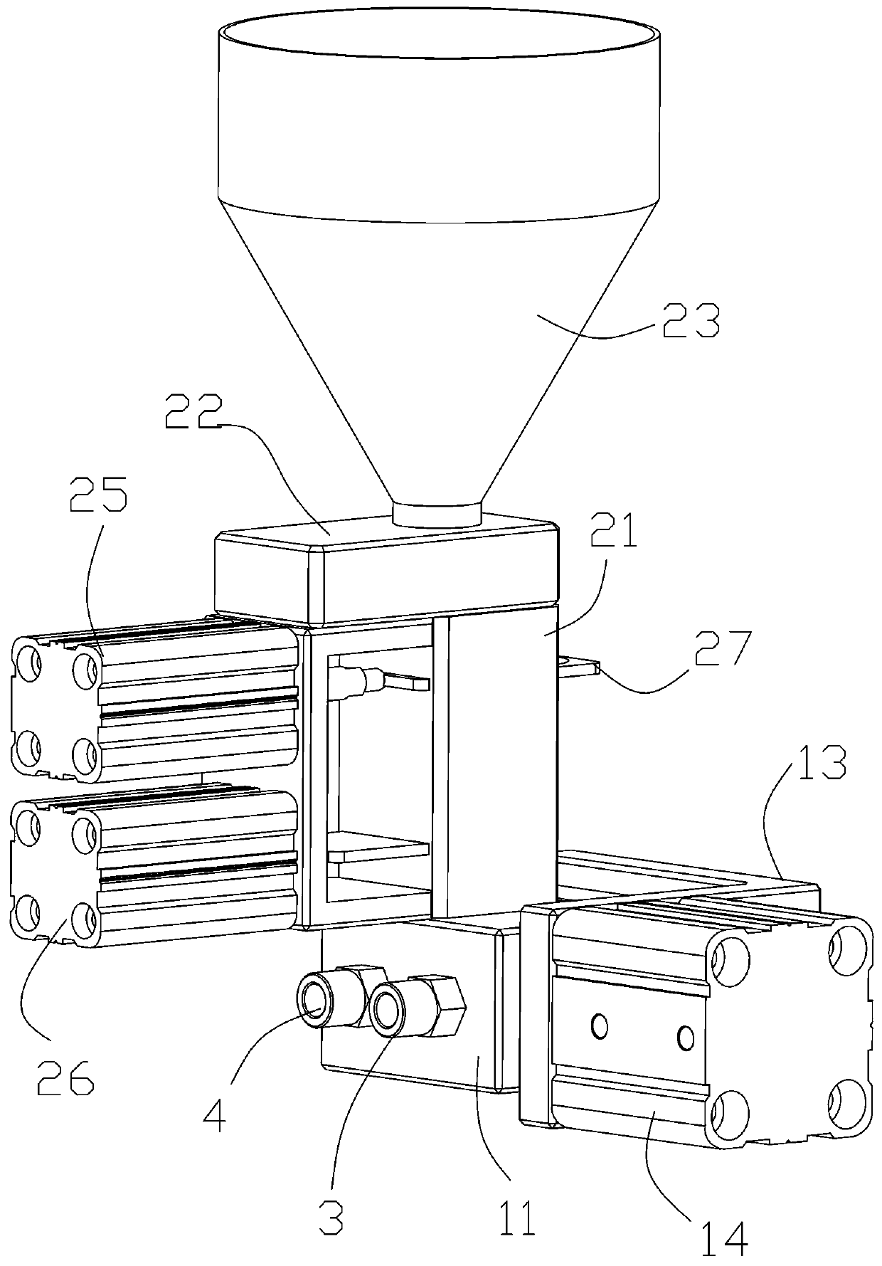 Slide block type device for powder spraying and wax injection