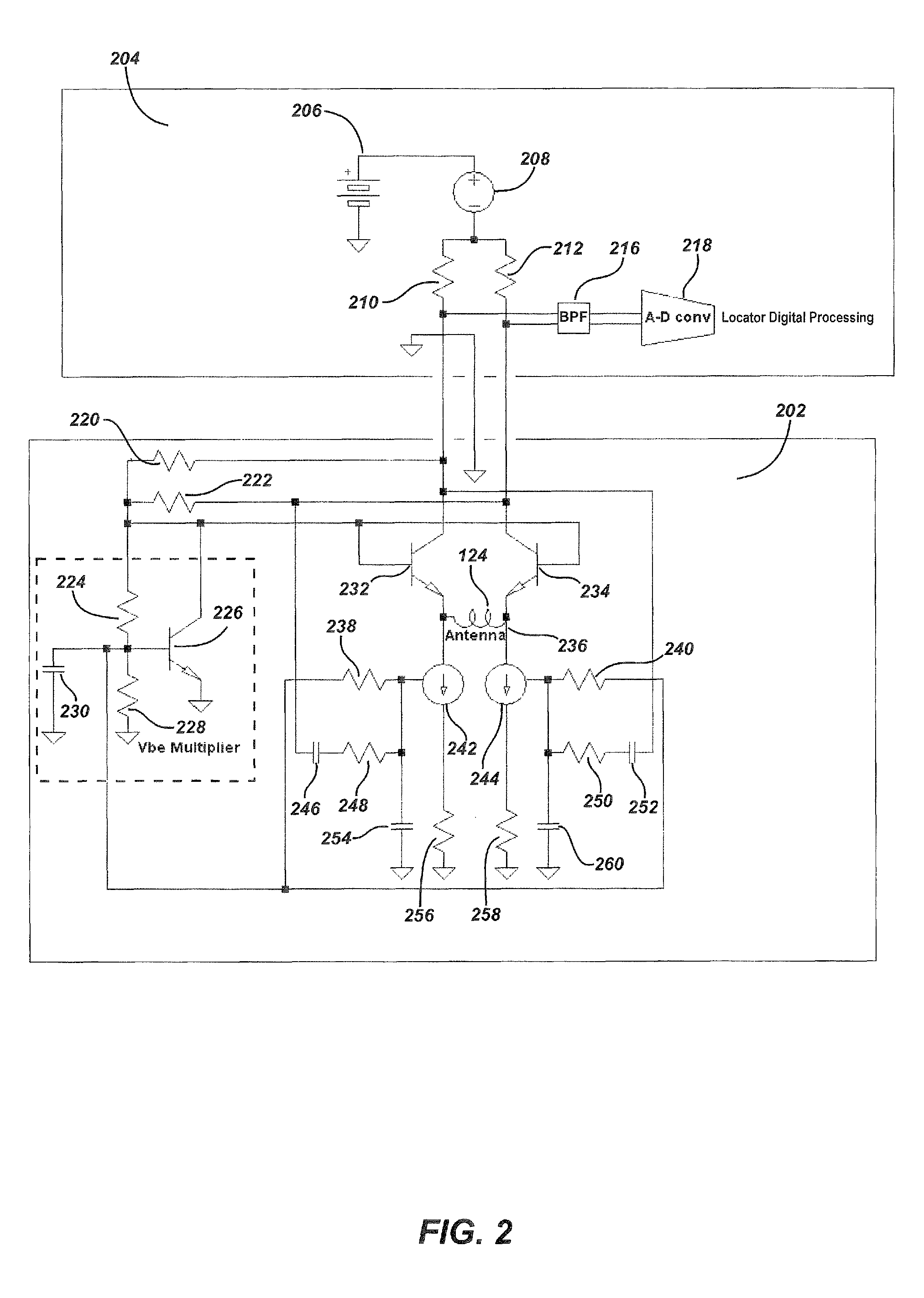 Pre-amplifier and mixer circuitry for a locator antenna