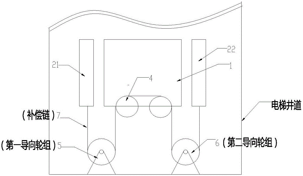 Compensating device for elevator driven by double main engines