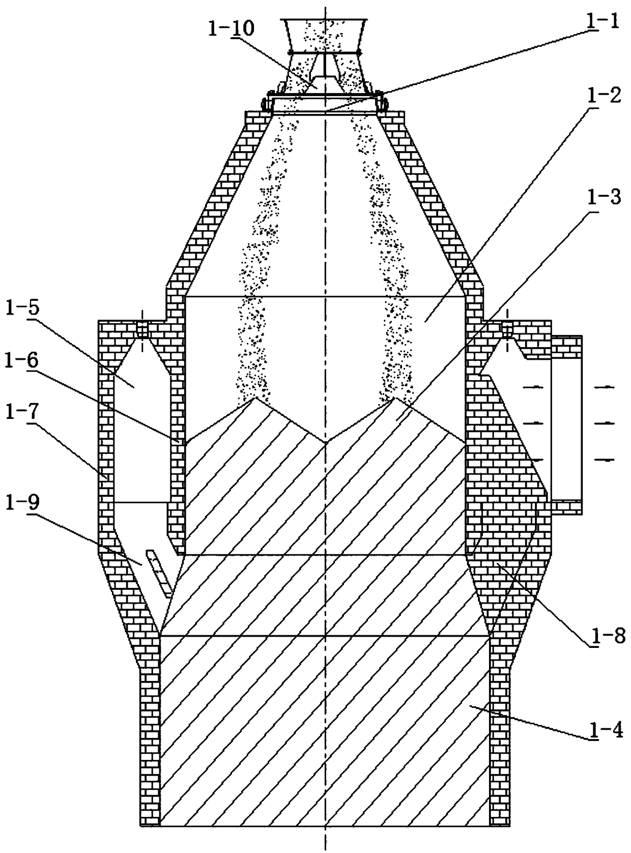 Dry quenching furnace with inclined pre-storage gas flow passages and annular pre-storage chamber and working method