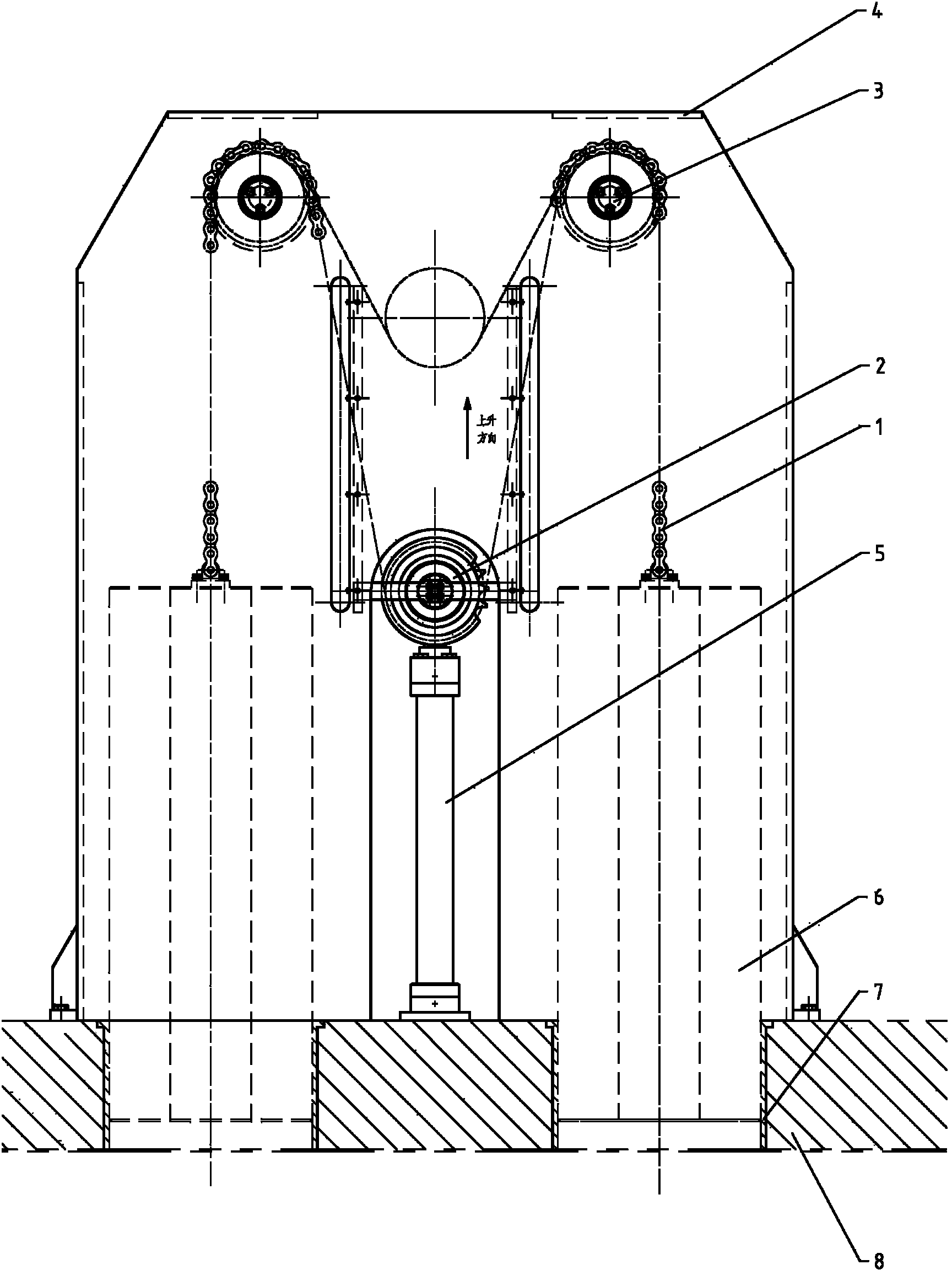 Stretcher leveler chain drive lifting pin mechanism with guiding