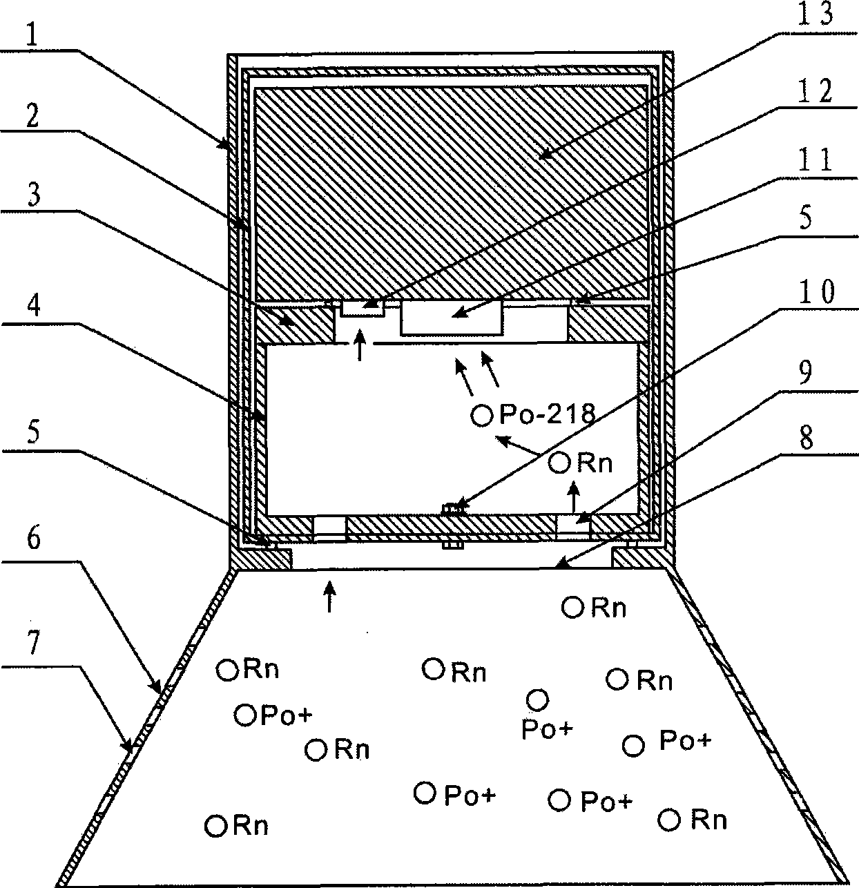 Multi-point diffusion type alpha energy spectrum cumulated soil radon measuring method
