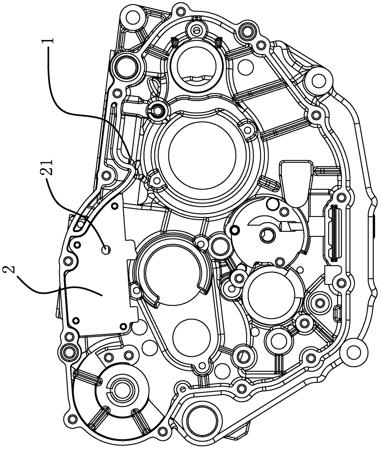 An oil-gas separator on a motorcycle engine case