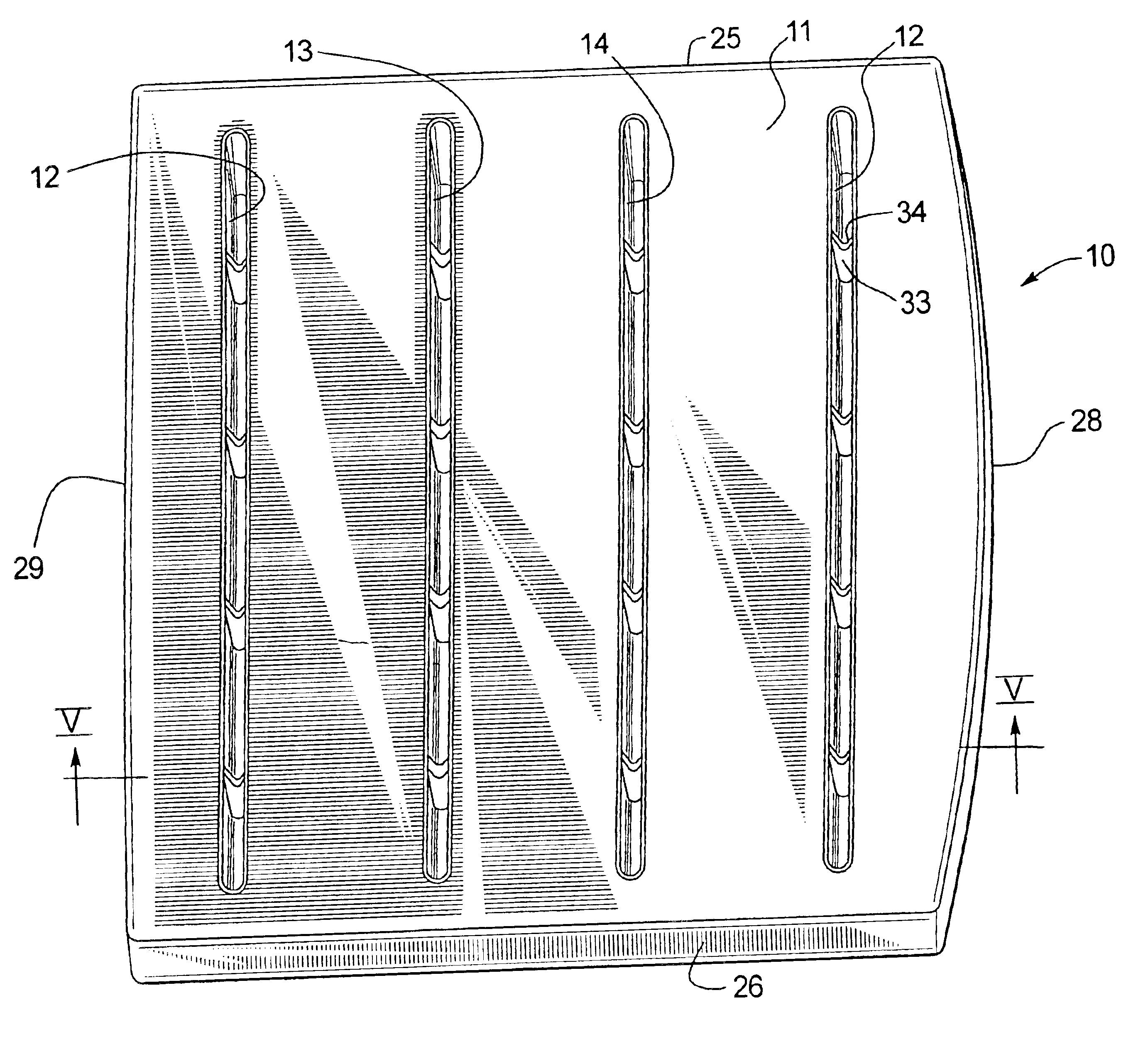 Plastic blow-molded panel with improved structural geometry