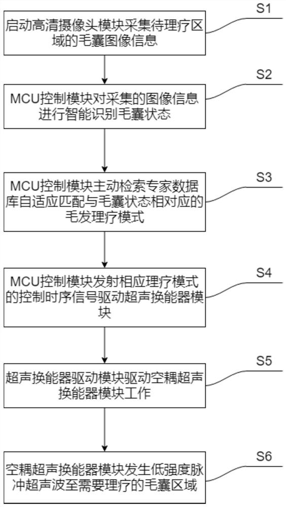 Air coupling ultrasonic hair physical therapy device and method