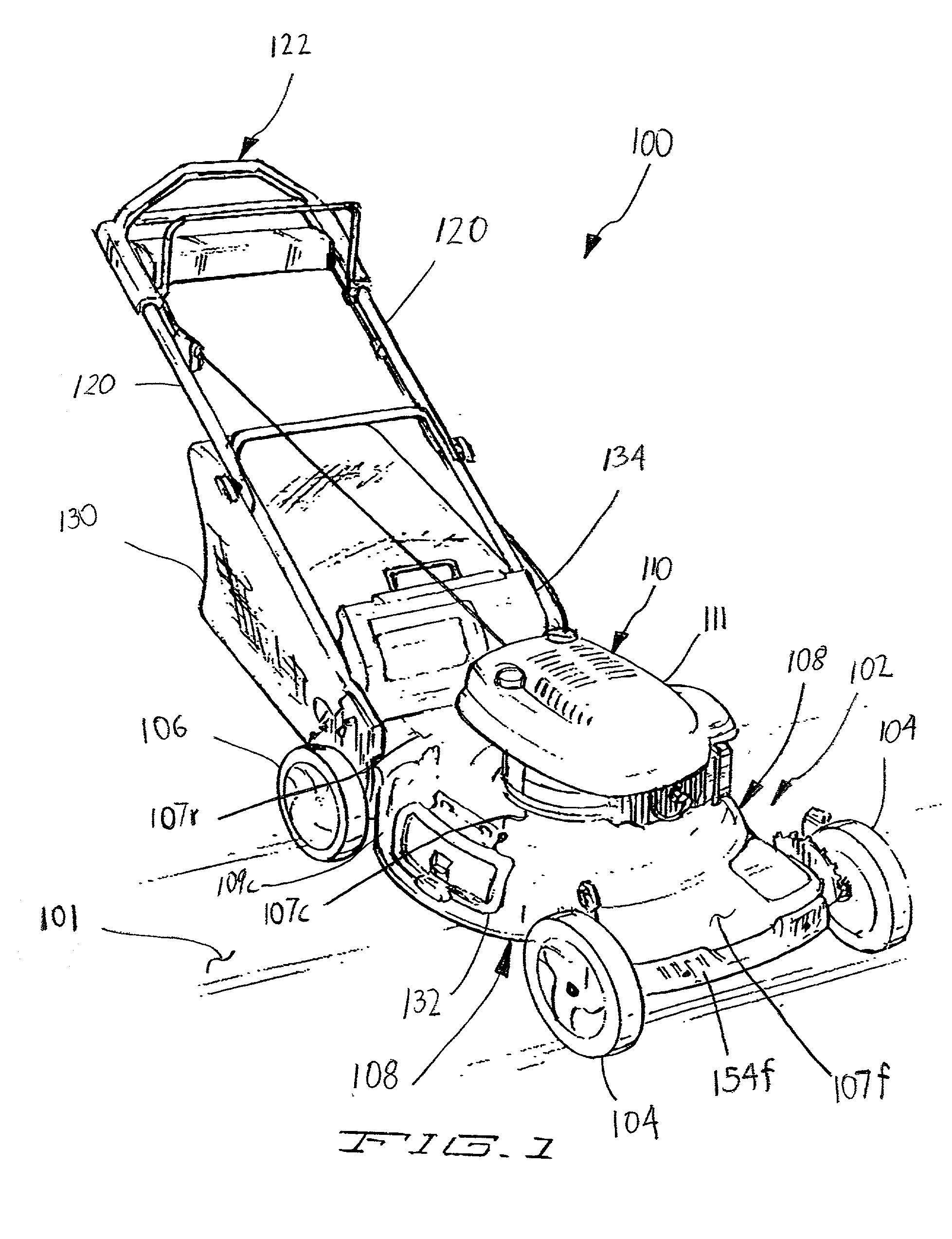Deck assembly for a self-propelled, walk-behind rotary lawn mower