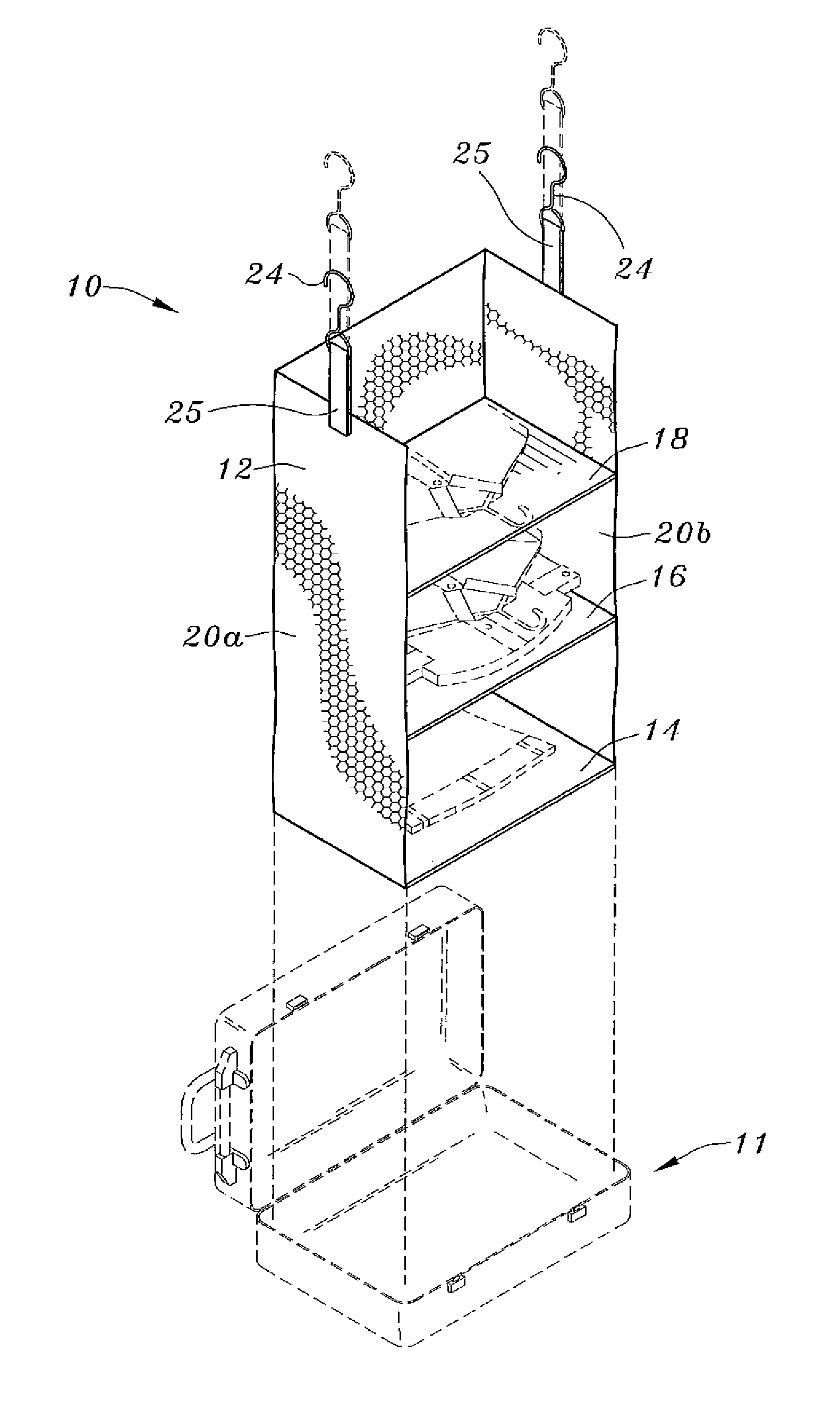 Hanging shelf system and travel organizer for use in combination with a suitcase