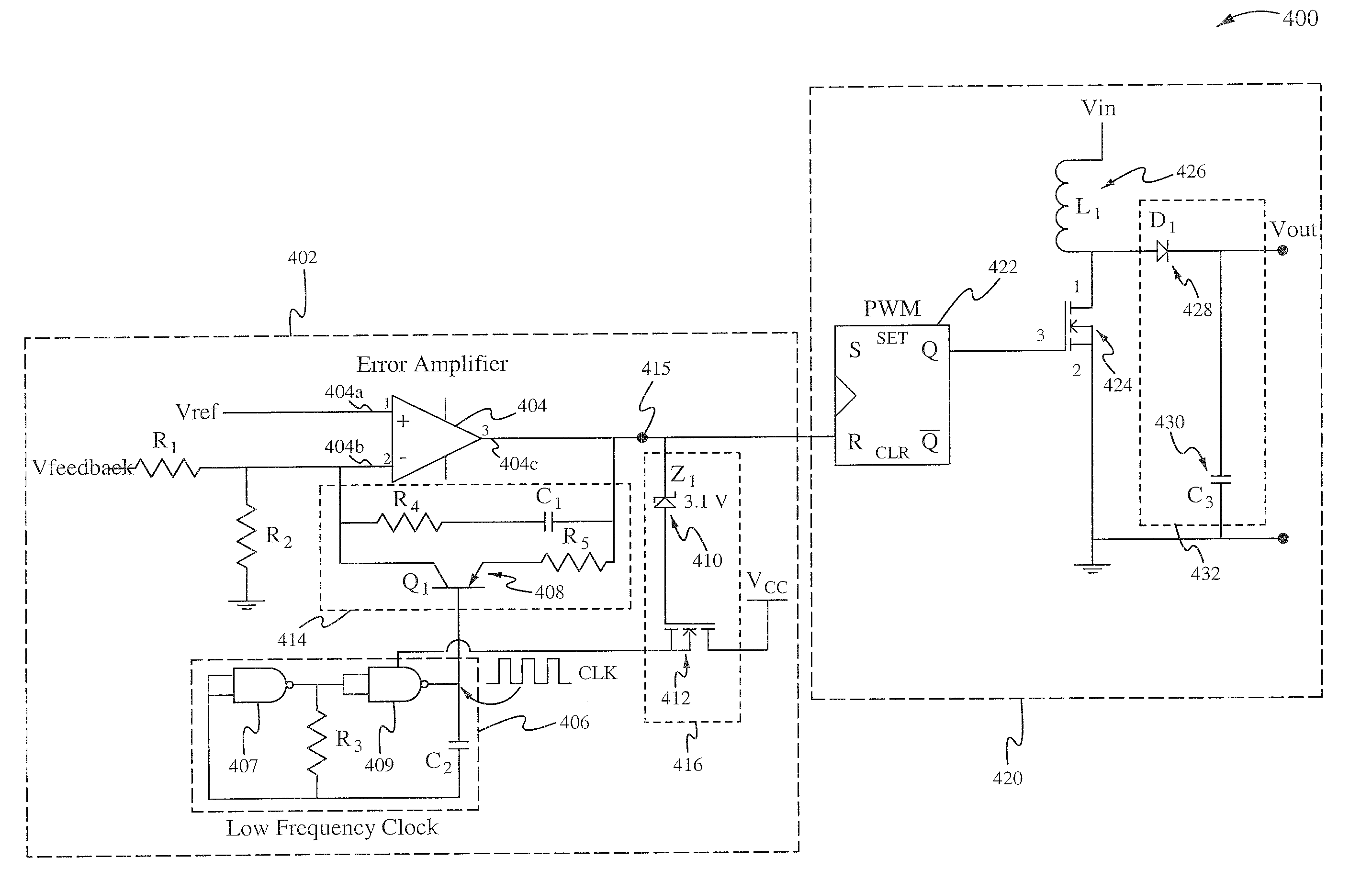 Closed loop negative feedback system with low frequency modulated gain