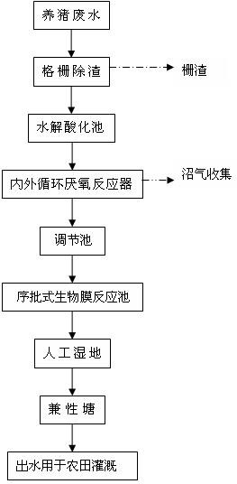 Technique for treating pig raising liquid waste by circular anaerobic reactor, sequencing batch biofilm, constructed wetland and facultative lagoon