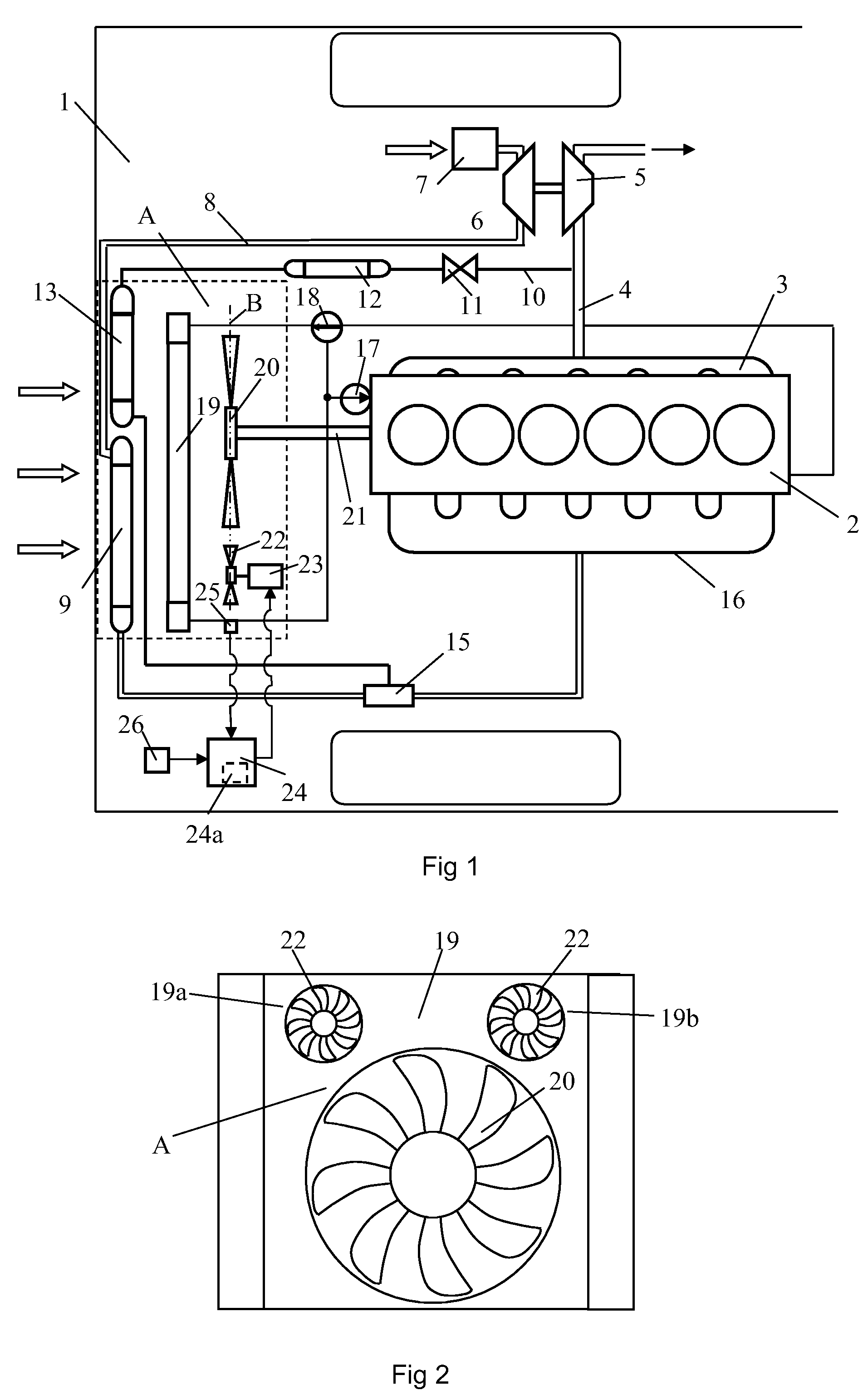 Cooling fan arrangement at a vehicle