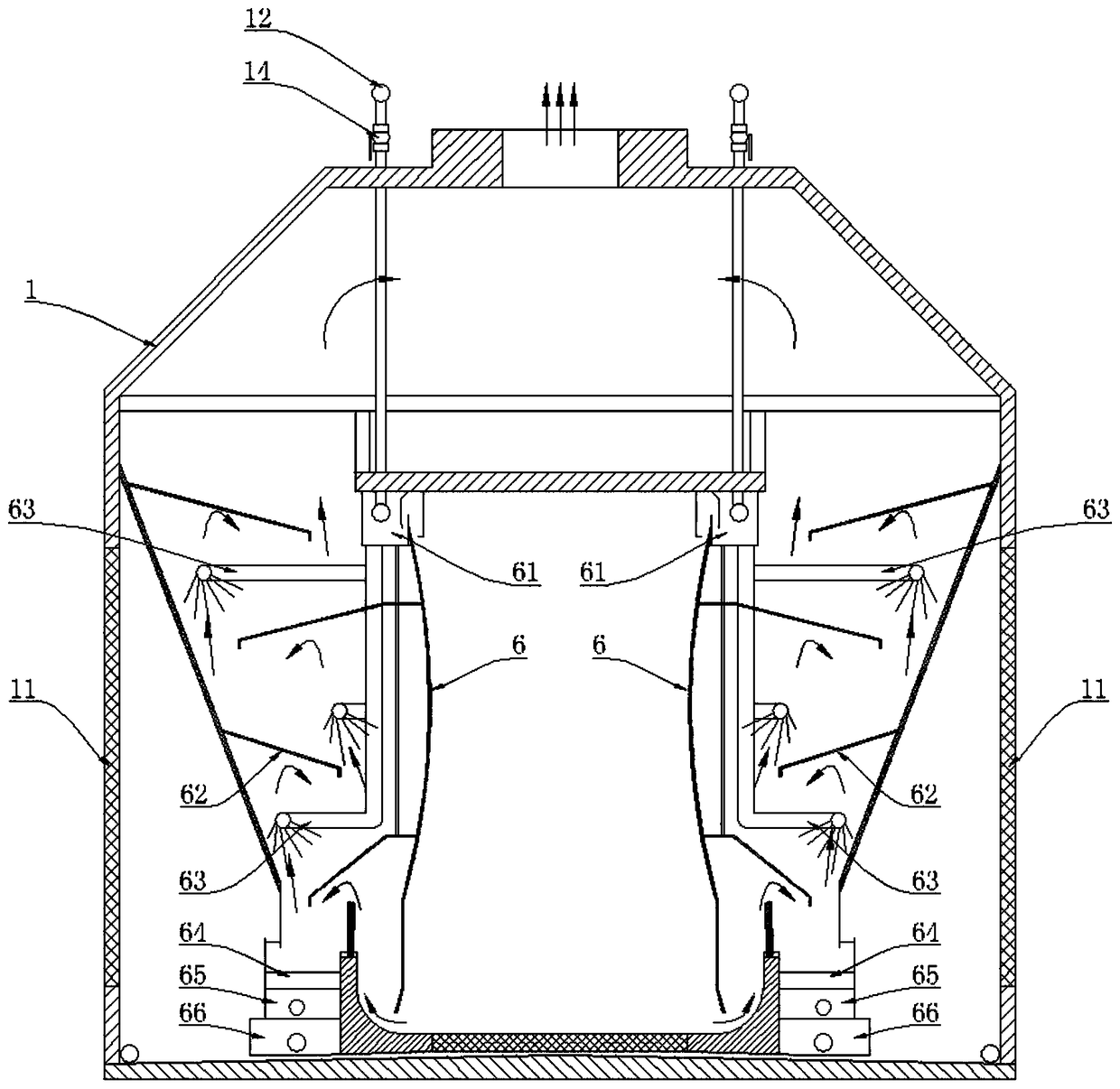 Waste gas treatment device and process of water based paint