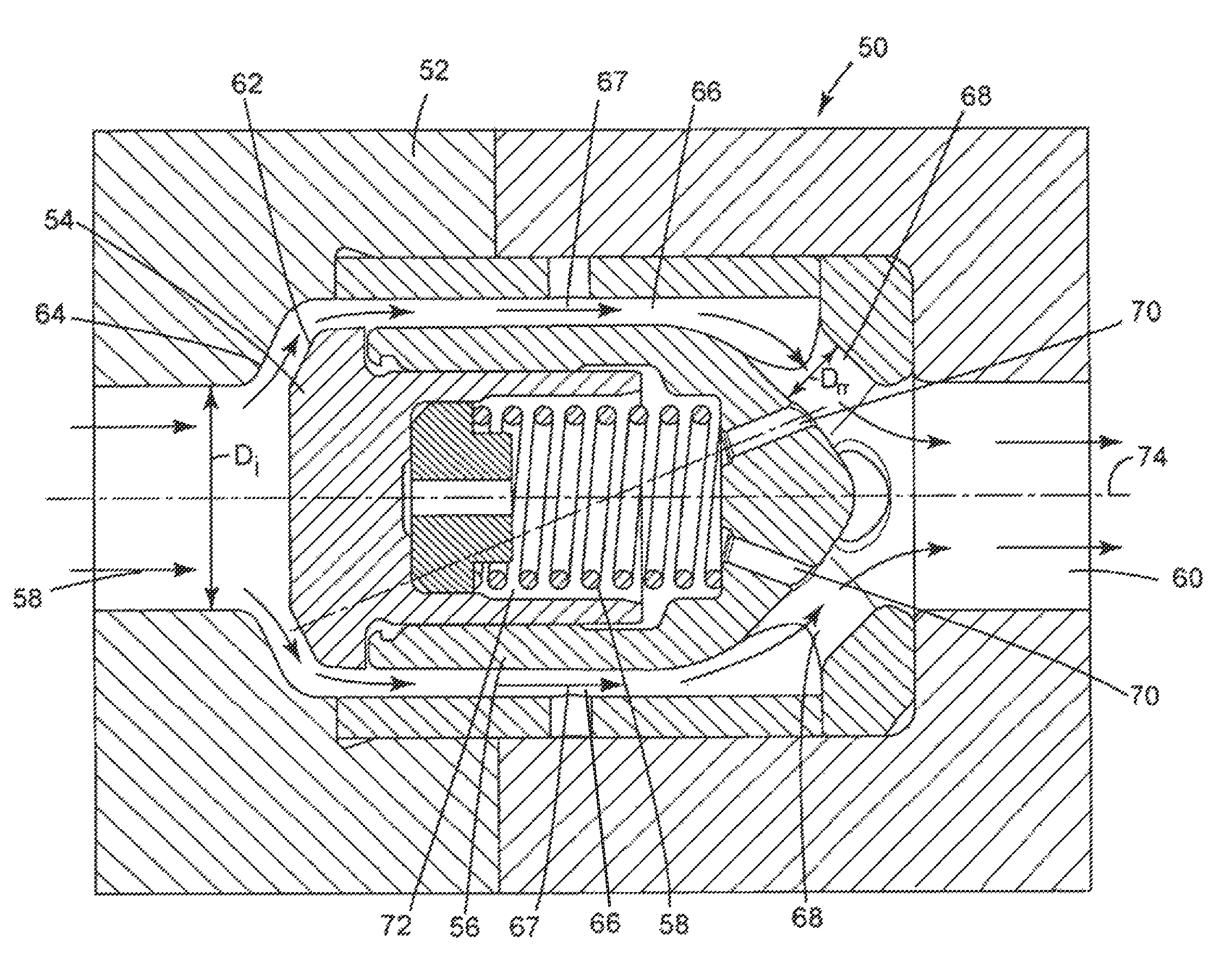 Poppet valve with sloped purge holes and method for reducing a pressure force therein