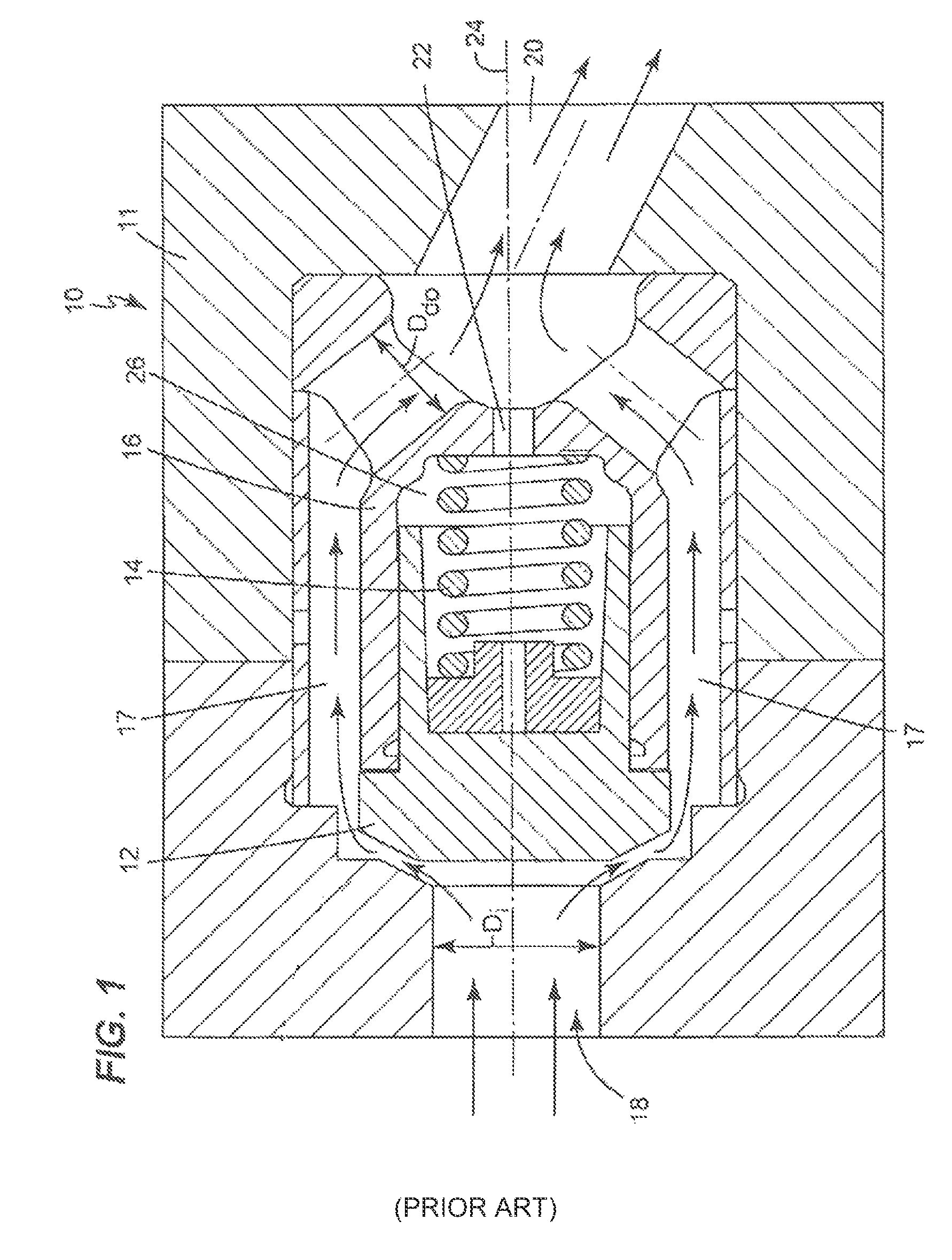 Poppet valve with sloped purge holes and method for reducing a pressure force therein