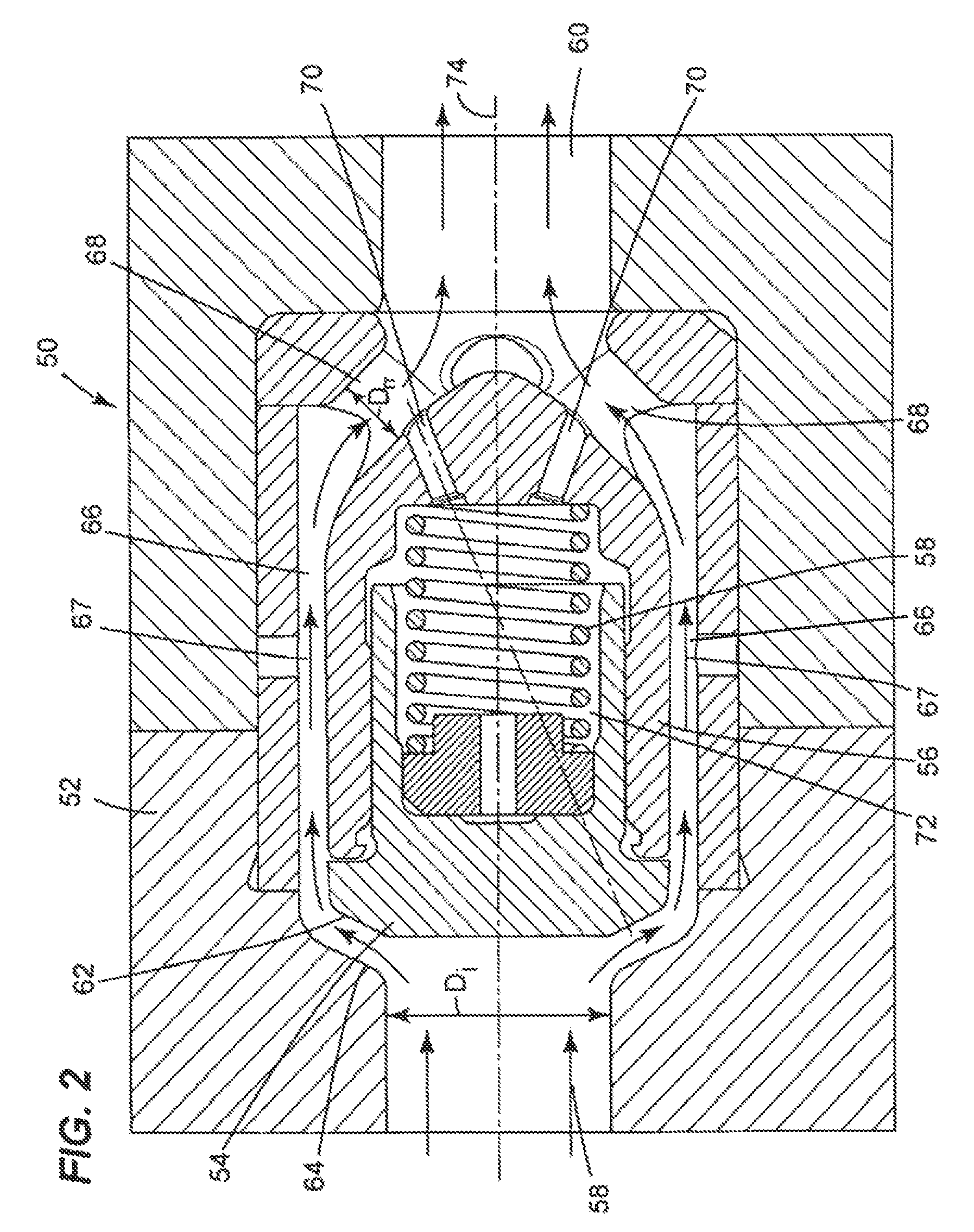 Poppet valve with sloped purge holes and method for reducing a pressure force therein