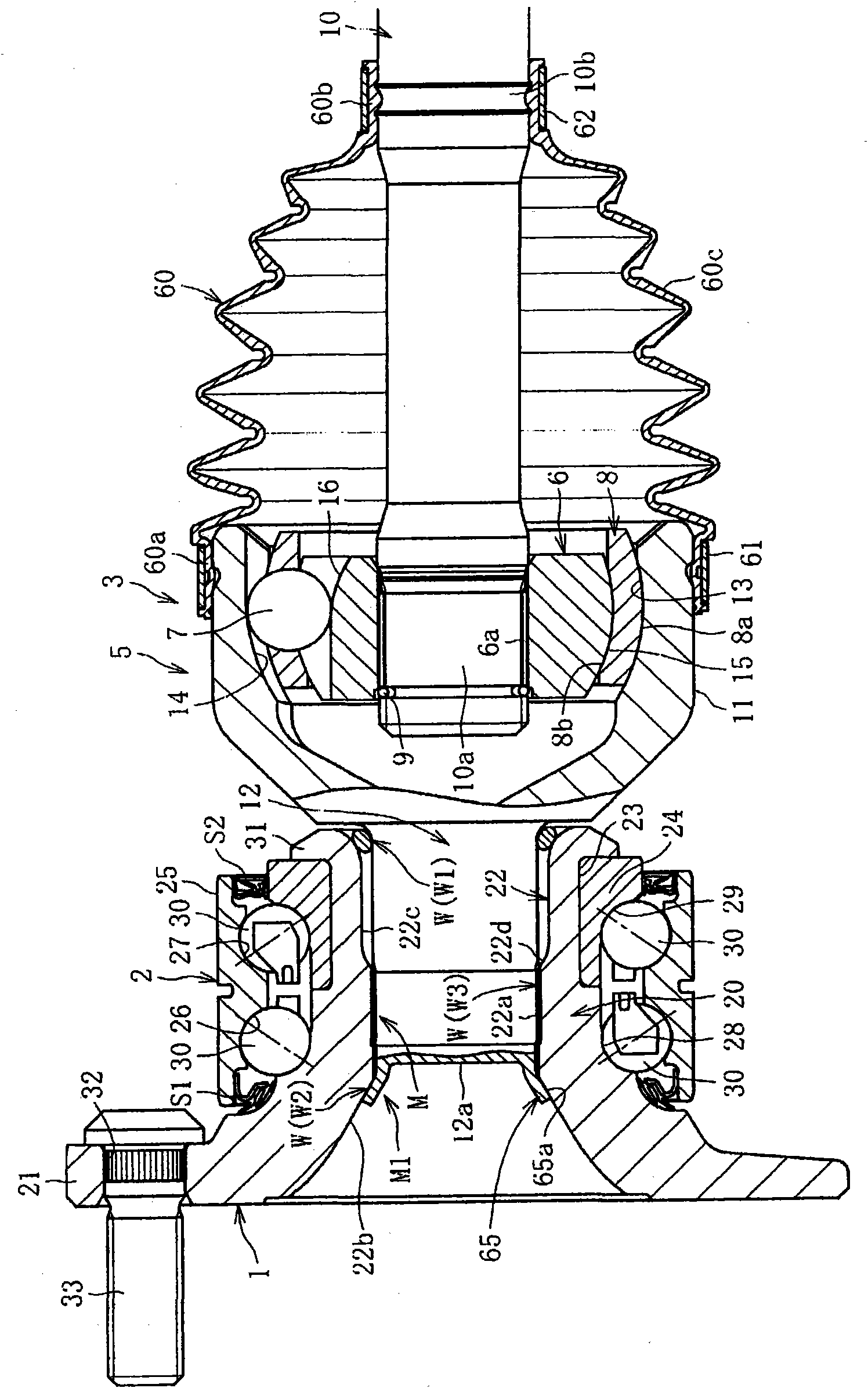 Bearing device for wheel, and axle module