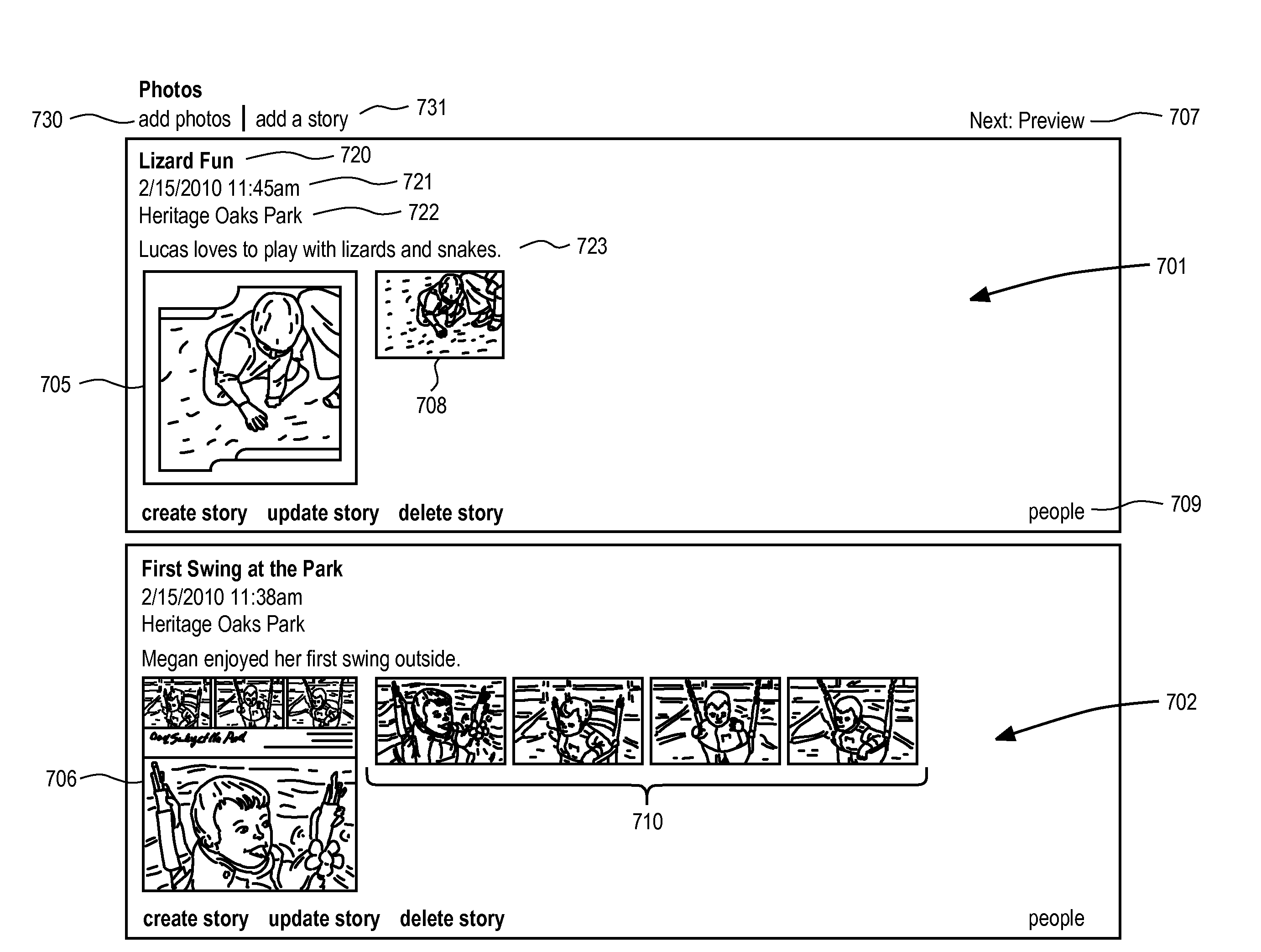 Graphical user interface and method for creating and managing photo stories