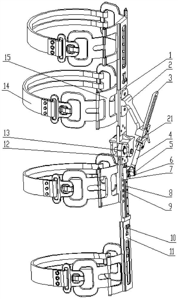 A medical auxiliary device for adjusting the line of force of the lower limbs of the human body