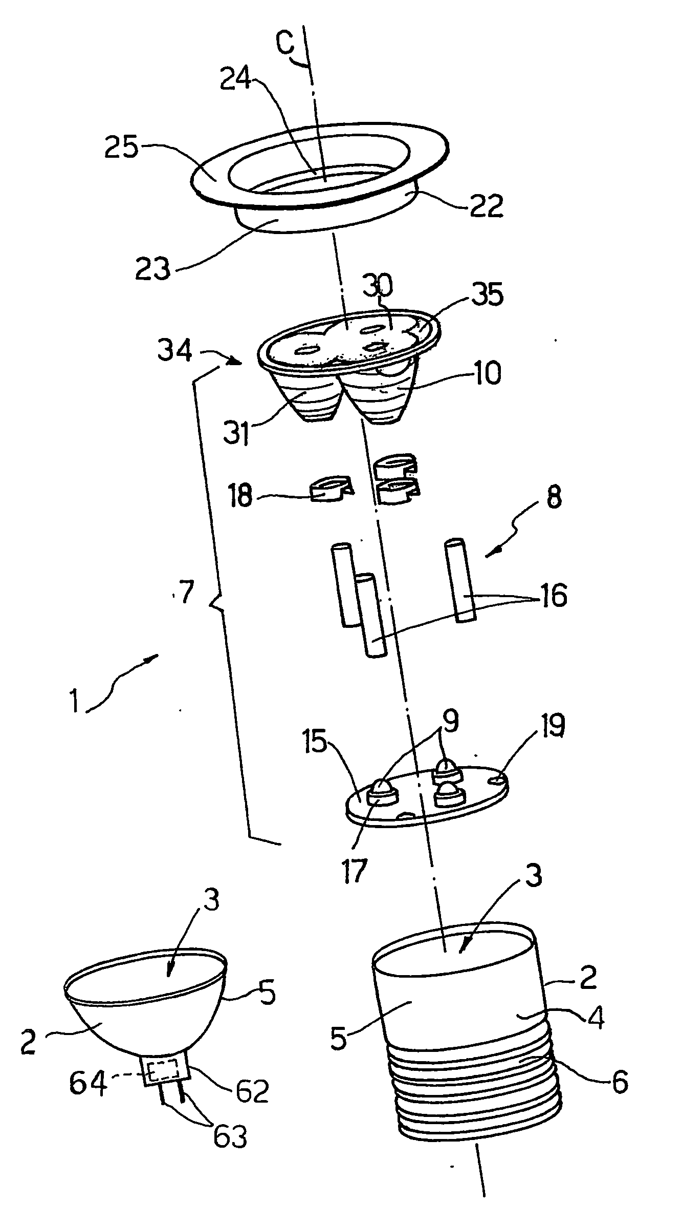 Multiple optical assembly for a led lighting device, and red lighting device comprising such an optical assembly