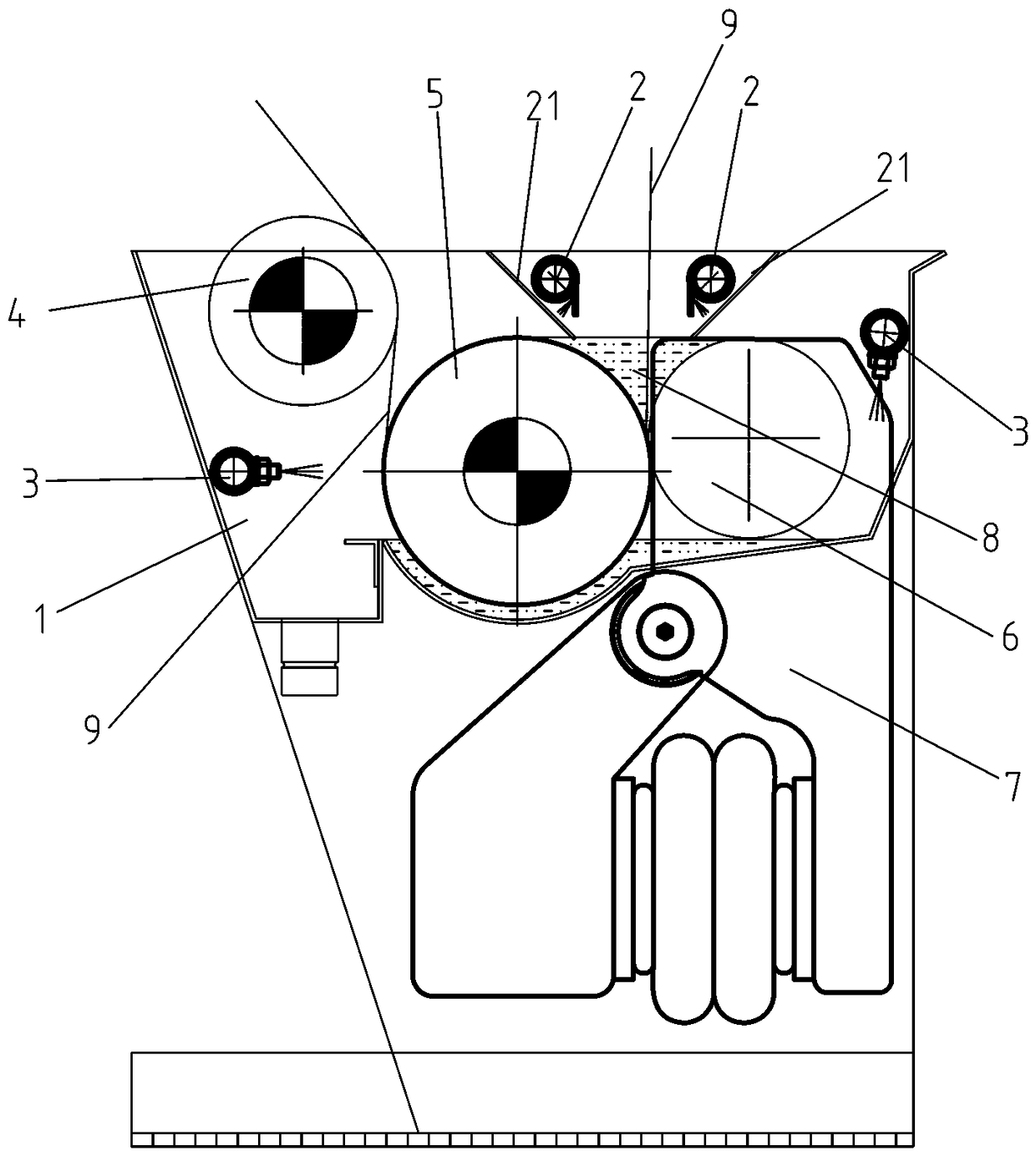 Efficient double liquid dragging mechanism of continuous full-width cold pile dyeing/bleaching padding