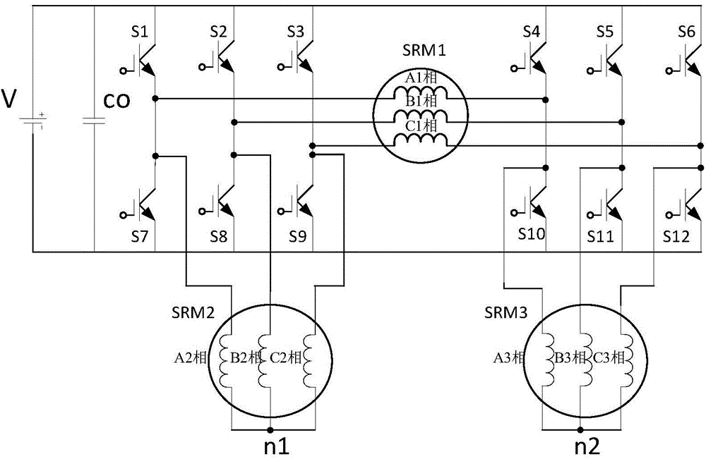 Power topological structure controlling three switch reluctance motors at the same time