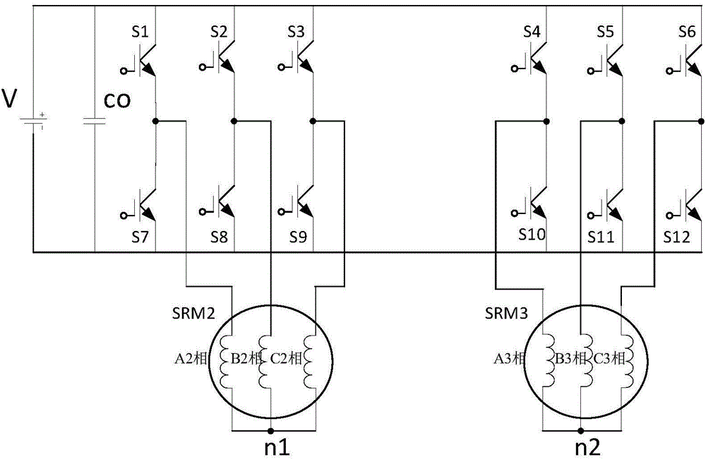 Power topological structure controlling three switch reluctance motors at the same time