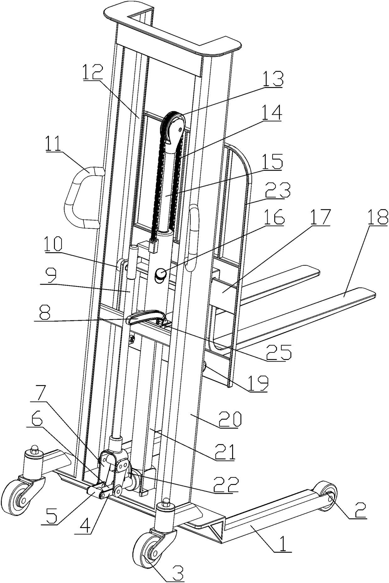 Manual hydraulic forklift for constructional engineering and operating method