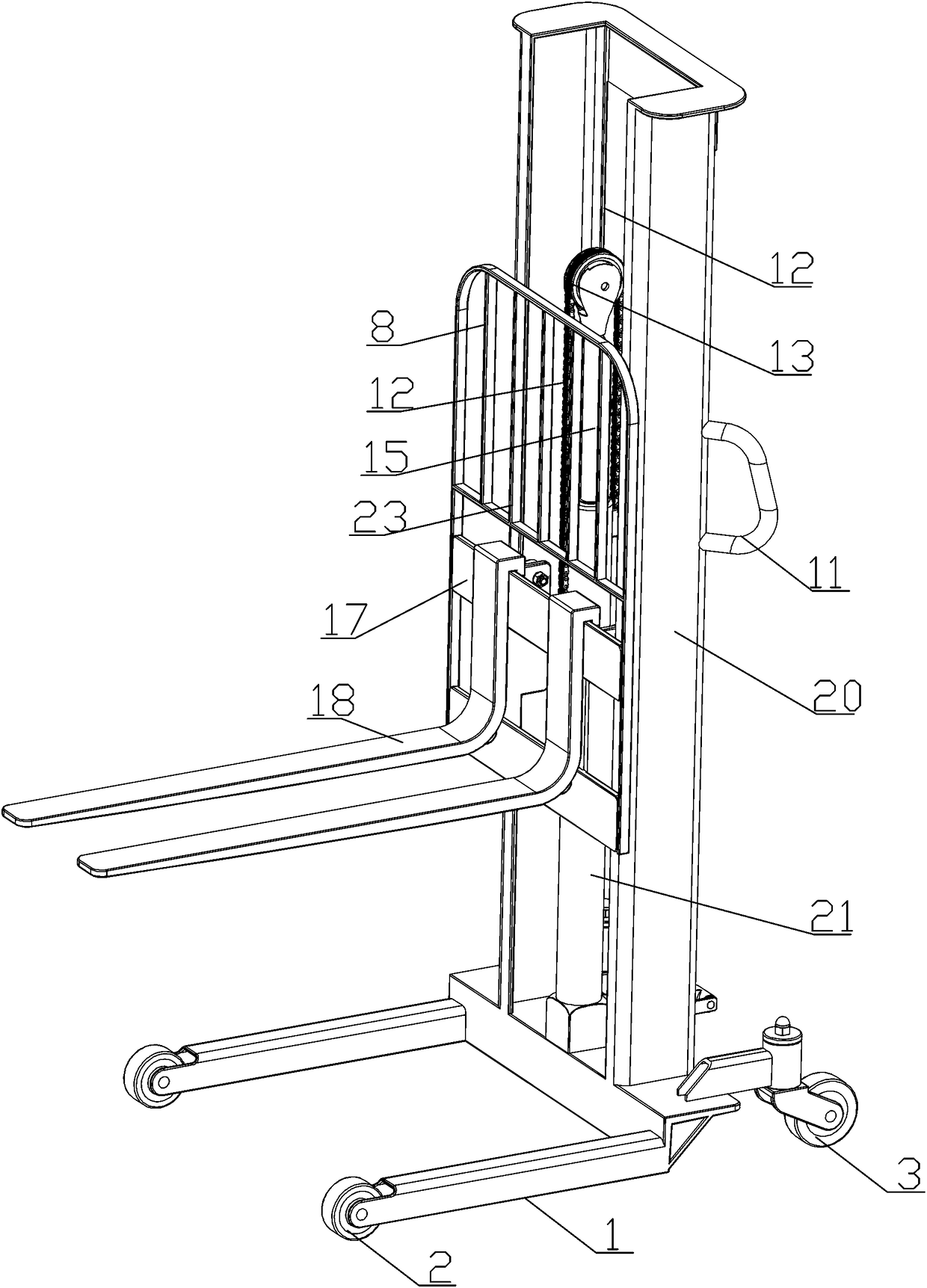 Manual hydraulic forklift for constructional engineering and operating method