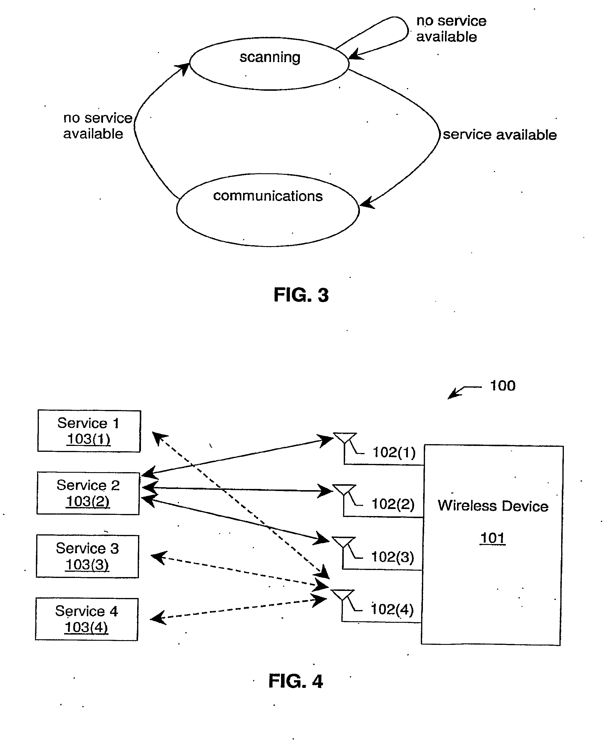 Scanning available wireless-device services in multiple wireless-radio technology communication systems