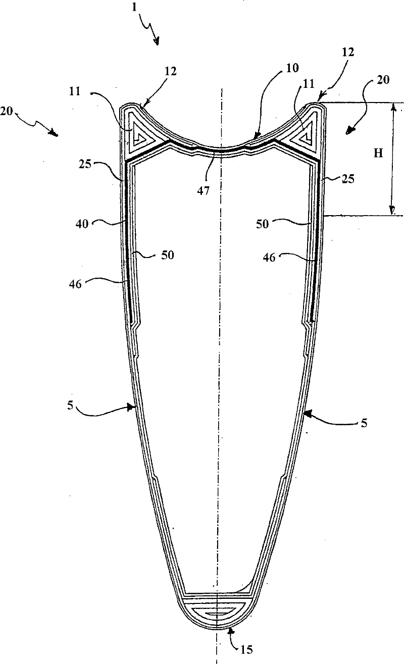 Rim for a bicycle wheel made from composite material with a wear indicator and wheel comprising such a rim