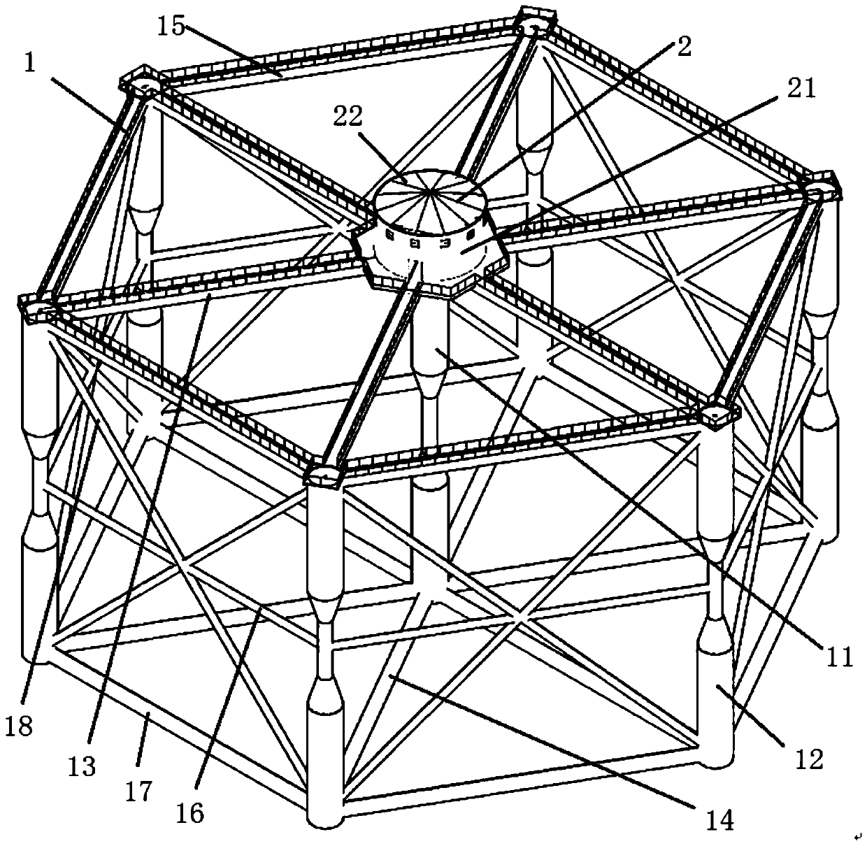 Semi-submersible offshore fishing ground platform with lightweight frame structure