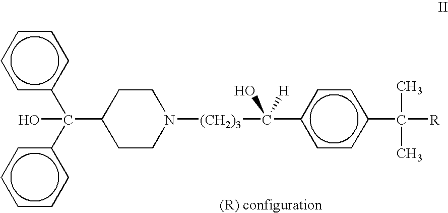 Process and diastereomeric salts useful for the optical resolution of racemic alpha-(4-(1, 1-dimethylethyl) phenyl] -4- (hydroxydiphenylmethyl) -1-piperidinebutanol and derivative compounds