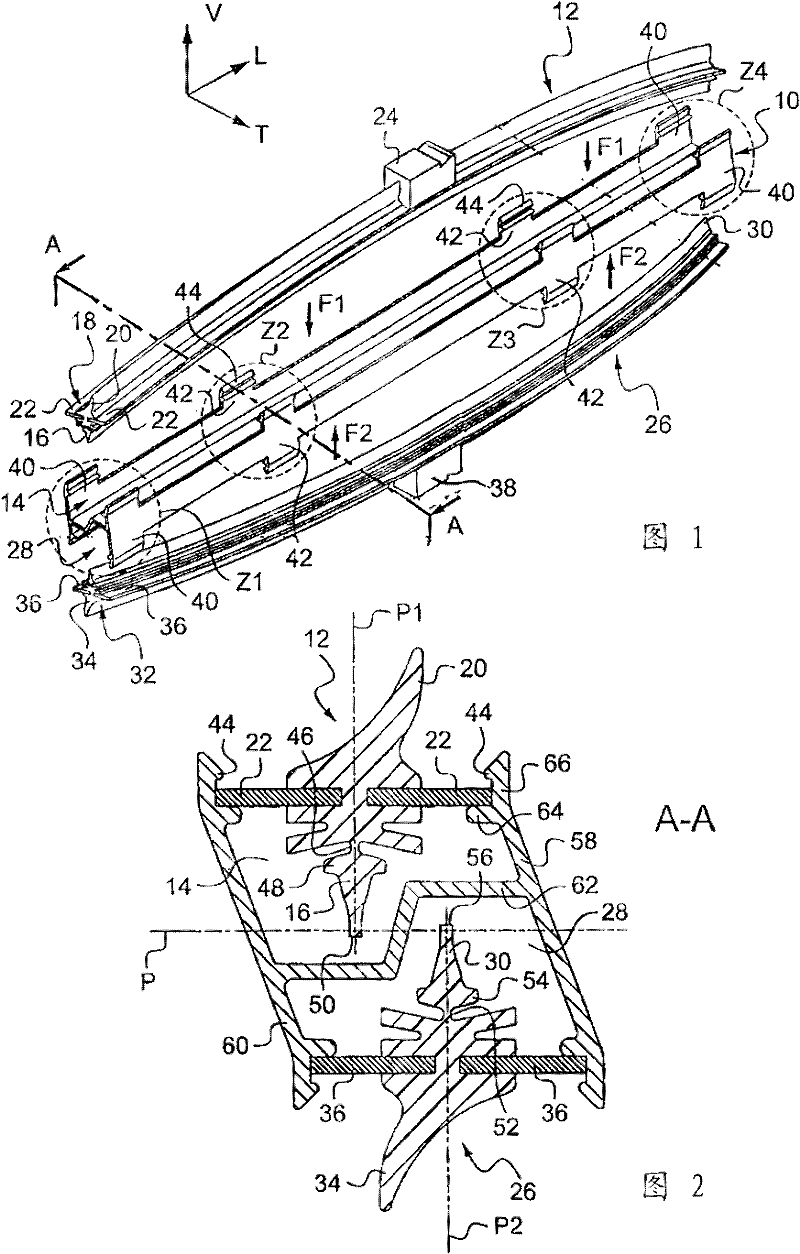 Device and assembly for supporting a pair of windscreen wipers, and corresponding packaging and method for mounting same