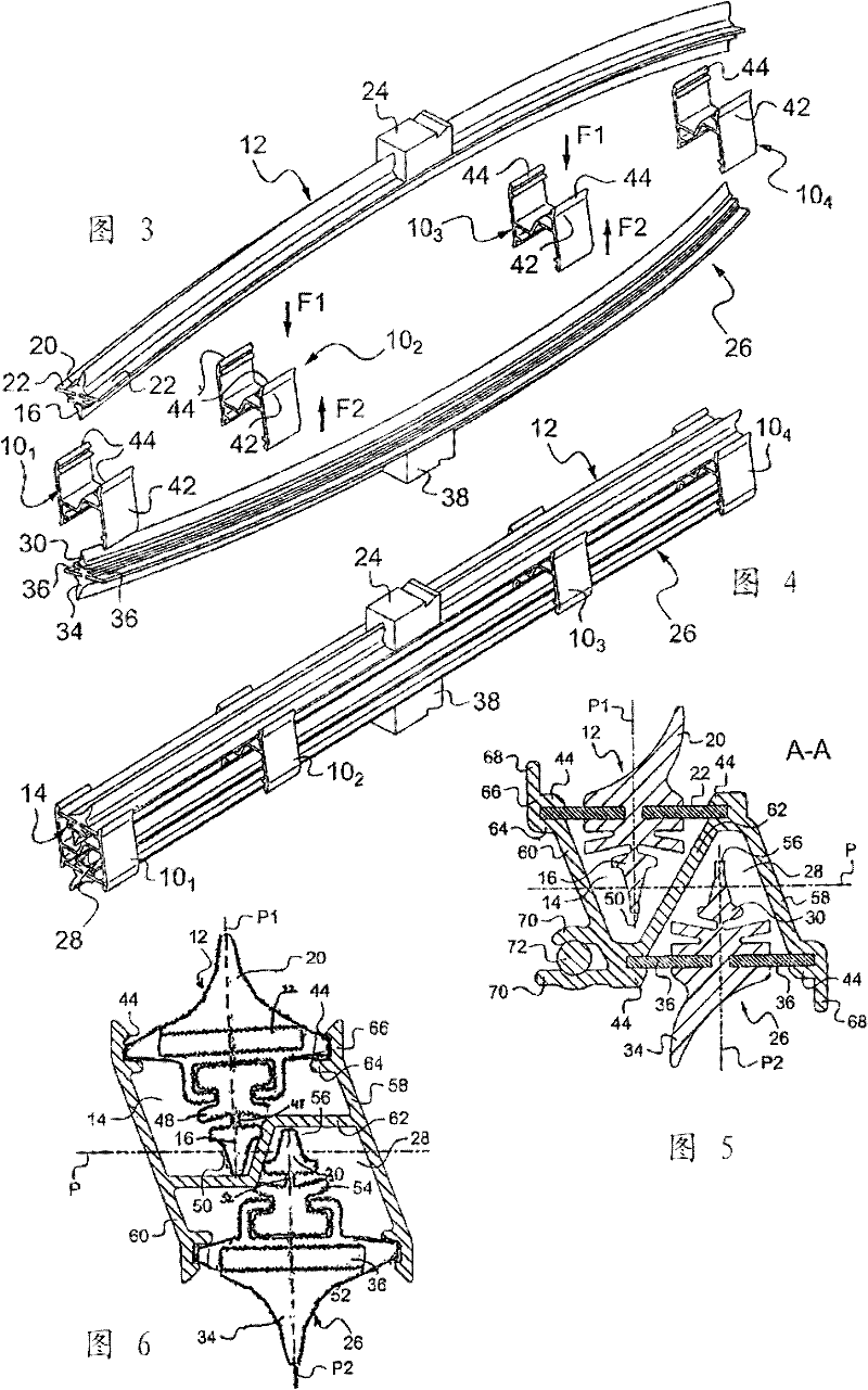 Device and assembly for supporting a pair of windscreen wipers, and corresponding packaging and method for mounting same