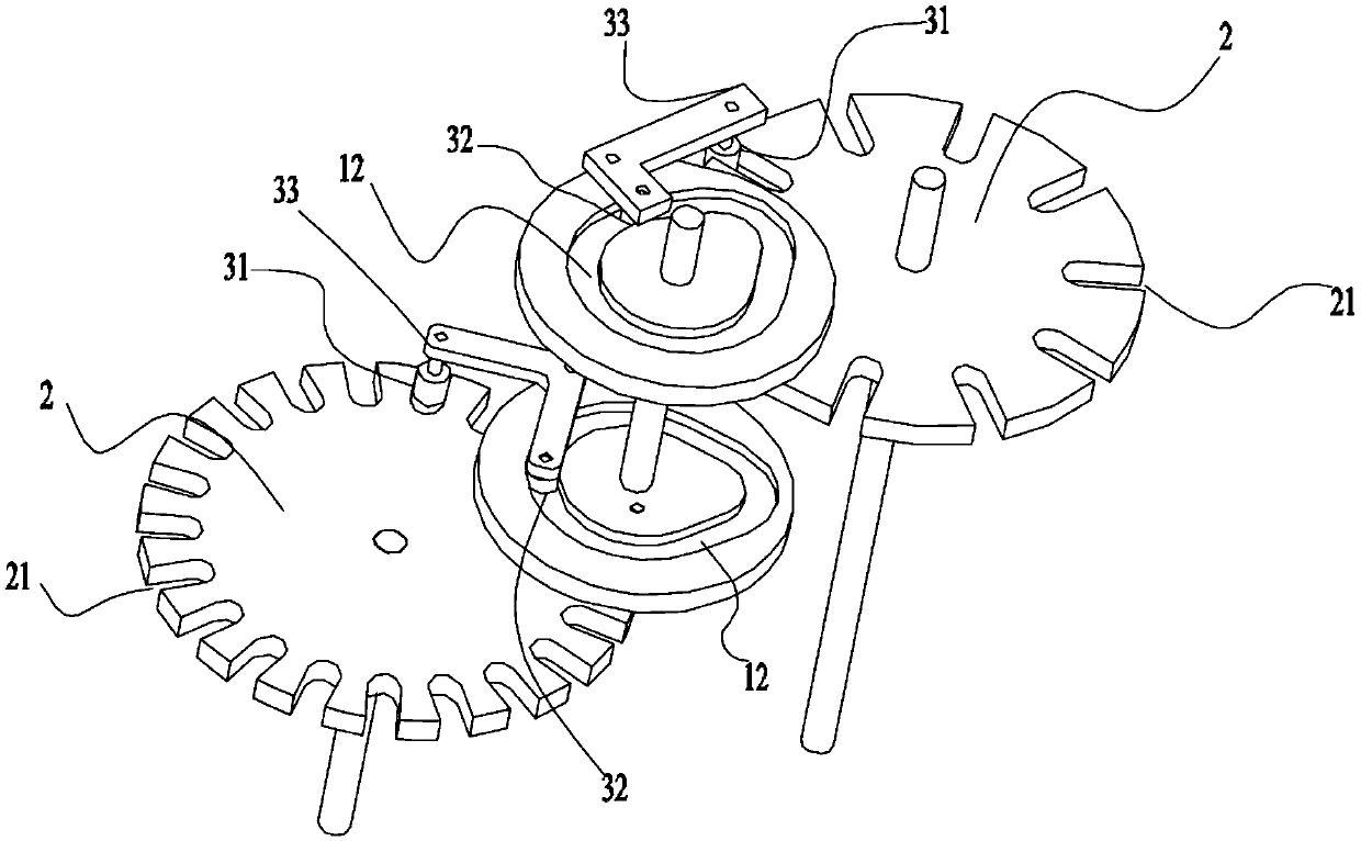 Intermittent transmission mechanism and stirring wheel bottle conveying device